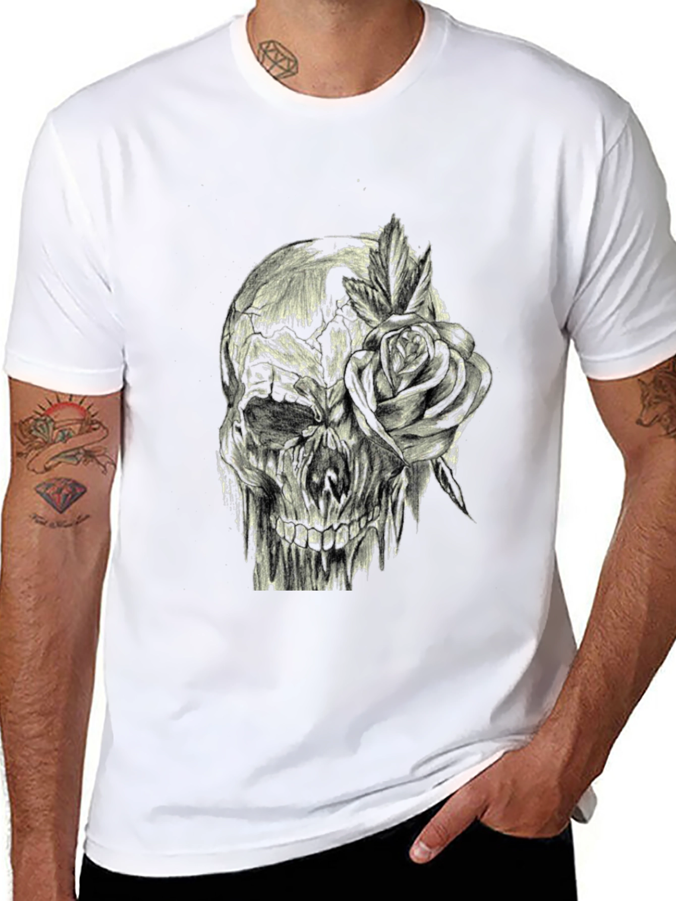 Black Skull and Rose Graphic Print Tee - Edgy Style view 8