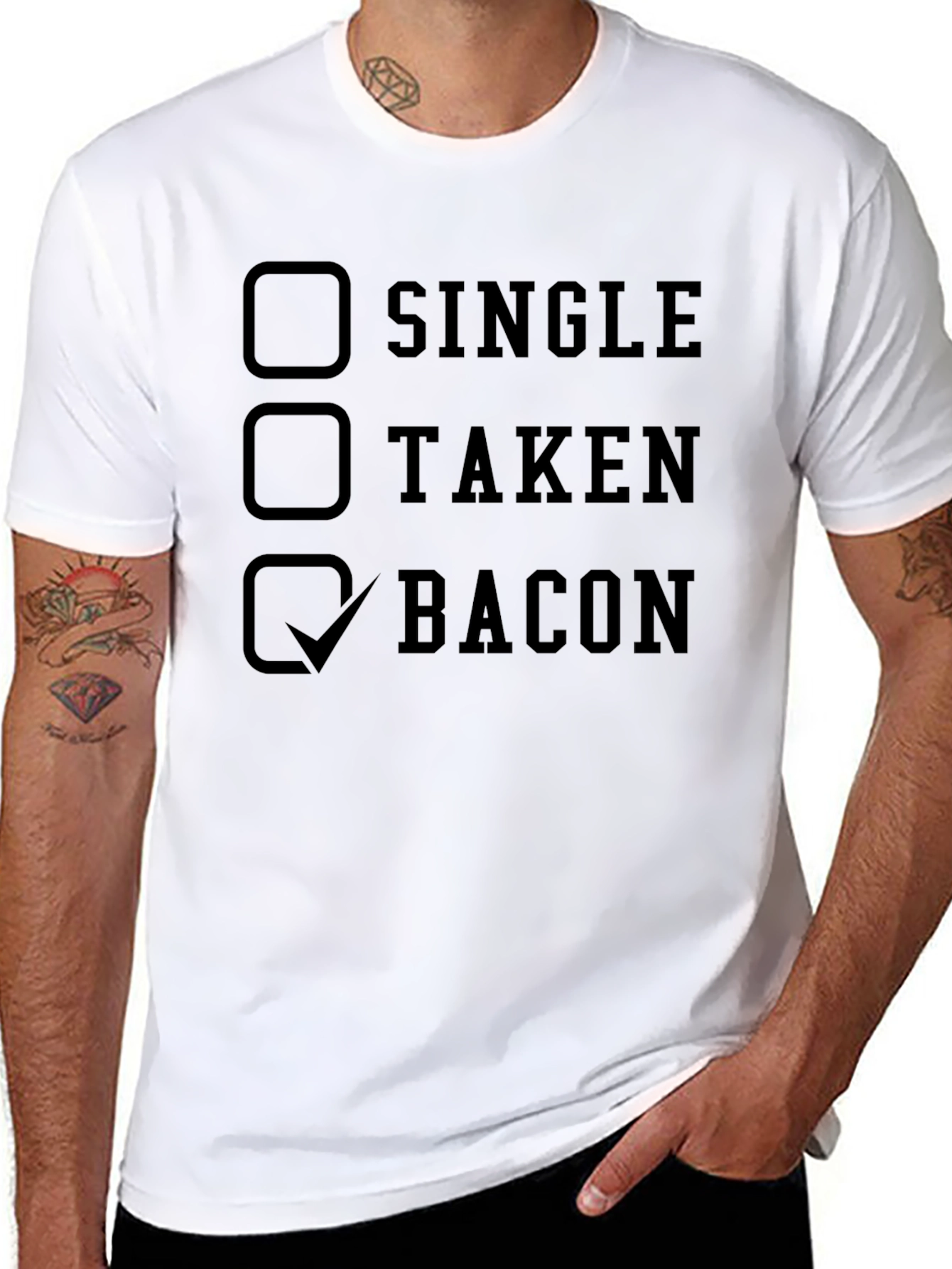 Black Bacon Lover's T-Shirt: Single, Taken, Bacon Checkbox view 8