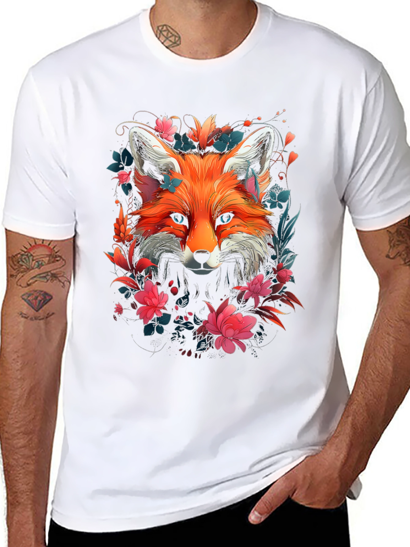 Black Floral Fox Graphic Tee - Stylish Unisex T-Shirt view 8