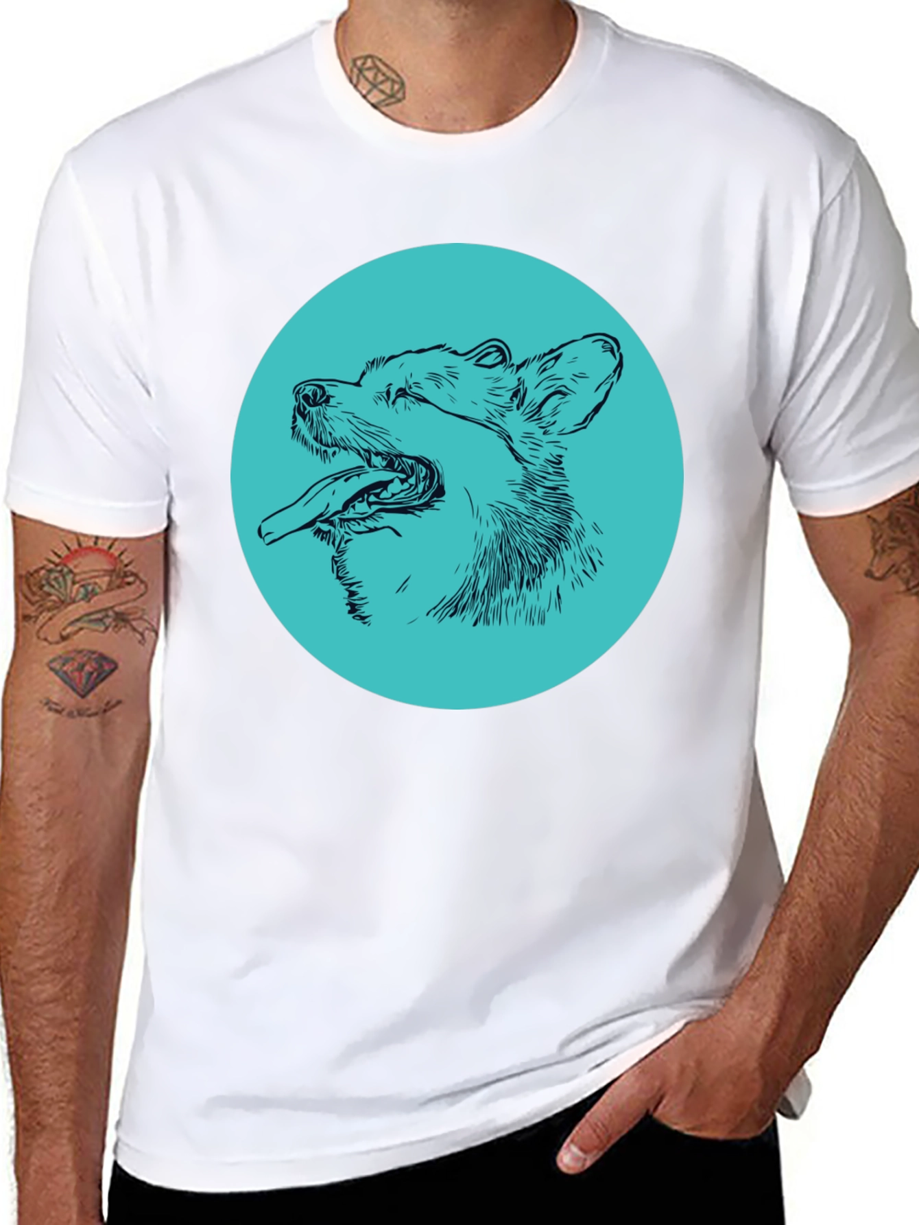 Dog Sketch Graphic Tee - Cool Aqua Print on Black Shirt - 8