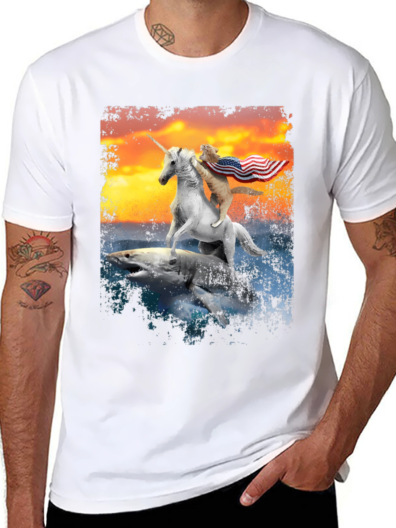 Black Cat Riding Unicorn on Shark T-Shirt view 8