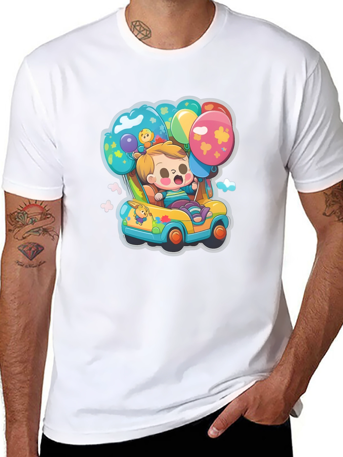Black Cartoon Car & Balloons Graphic T-Shirt view 8