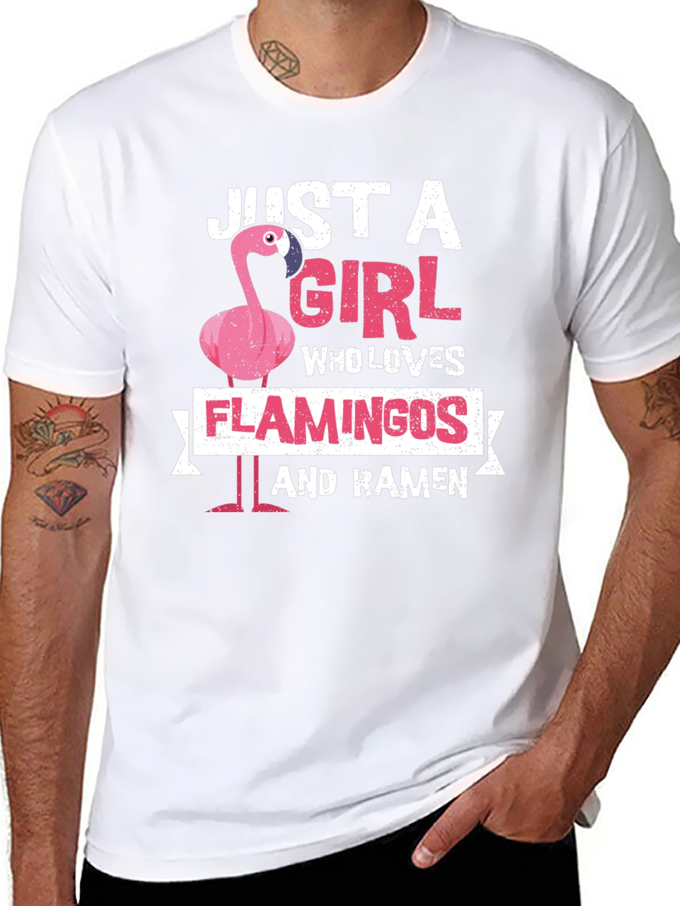 Black Just A Girl Who Loves Flamingos and Ramen T-Shirt view 8