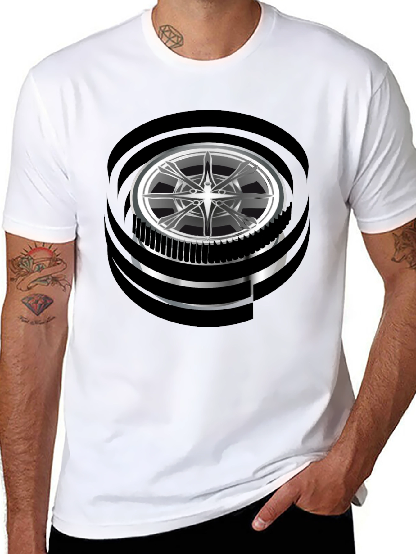 Black Modern Graphic Wheel Design Black T-Shirt view 8