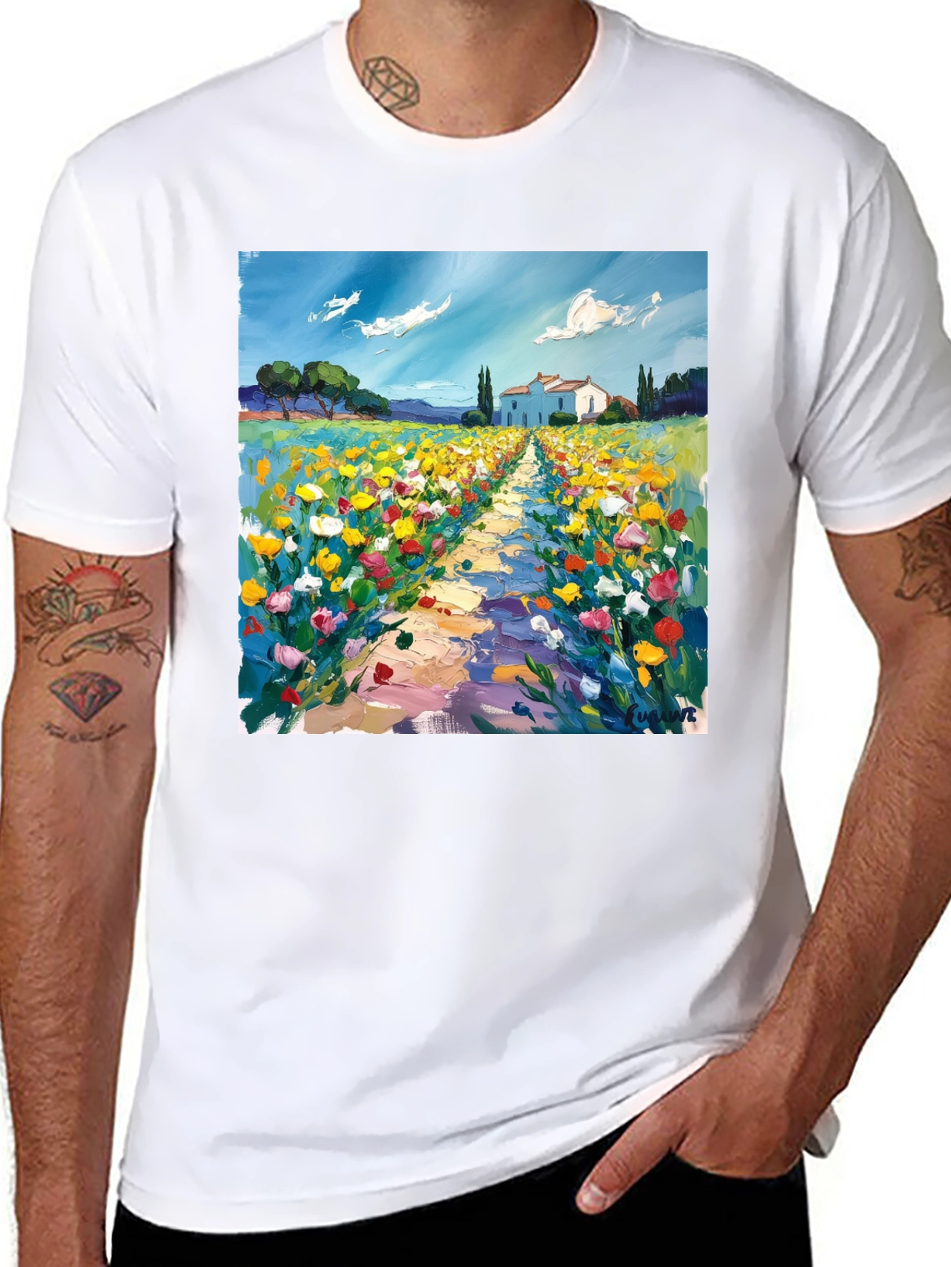 Black Artistic Landscape Print T-Shirt view 8