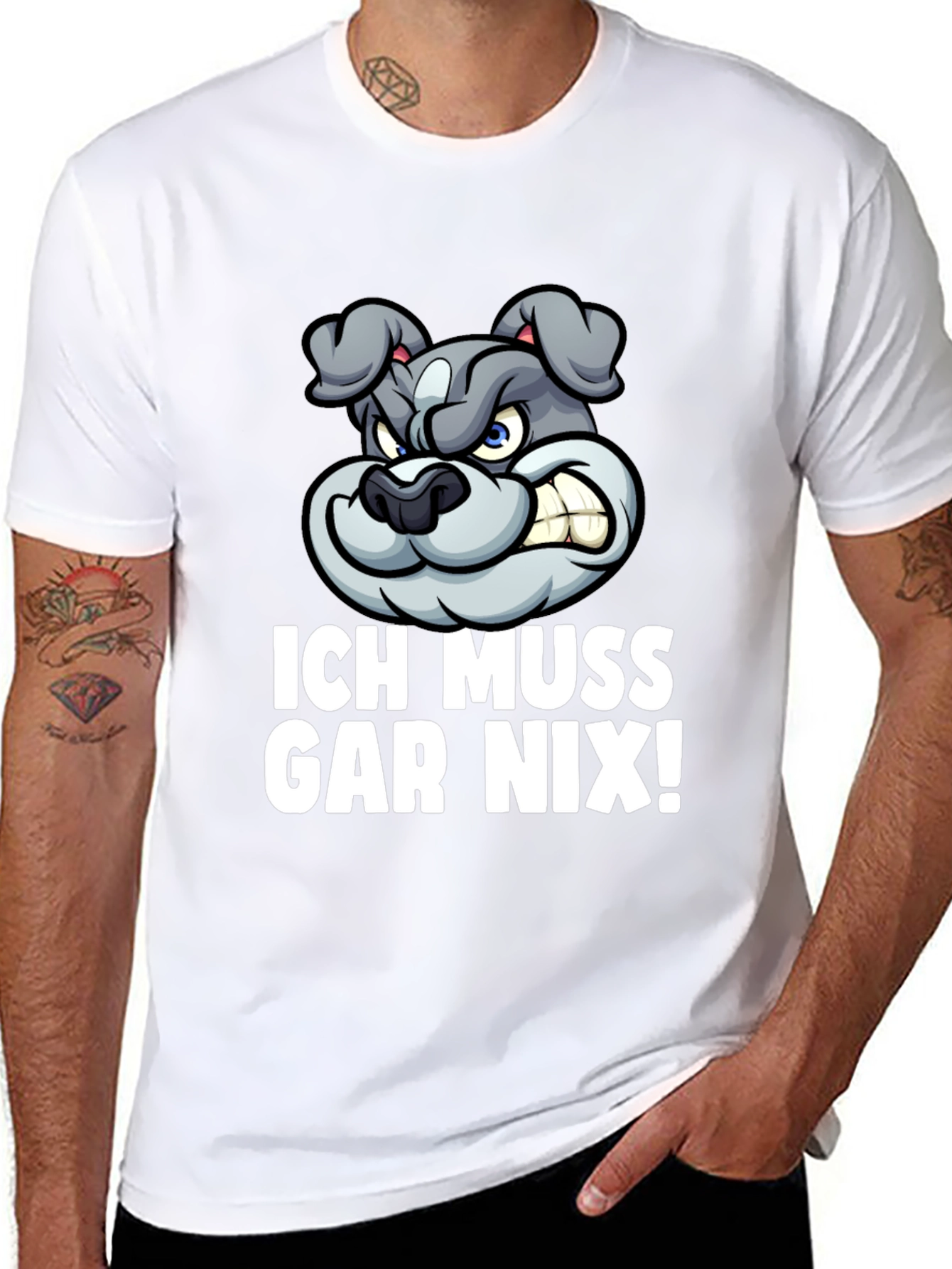 Black Funny Bulldog Graphic Tee - "Ich Muss Gar Nix!" T-Shirt view 8