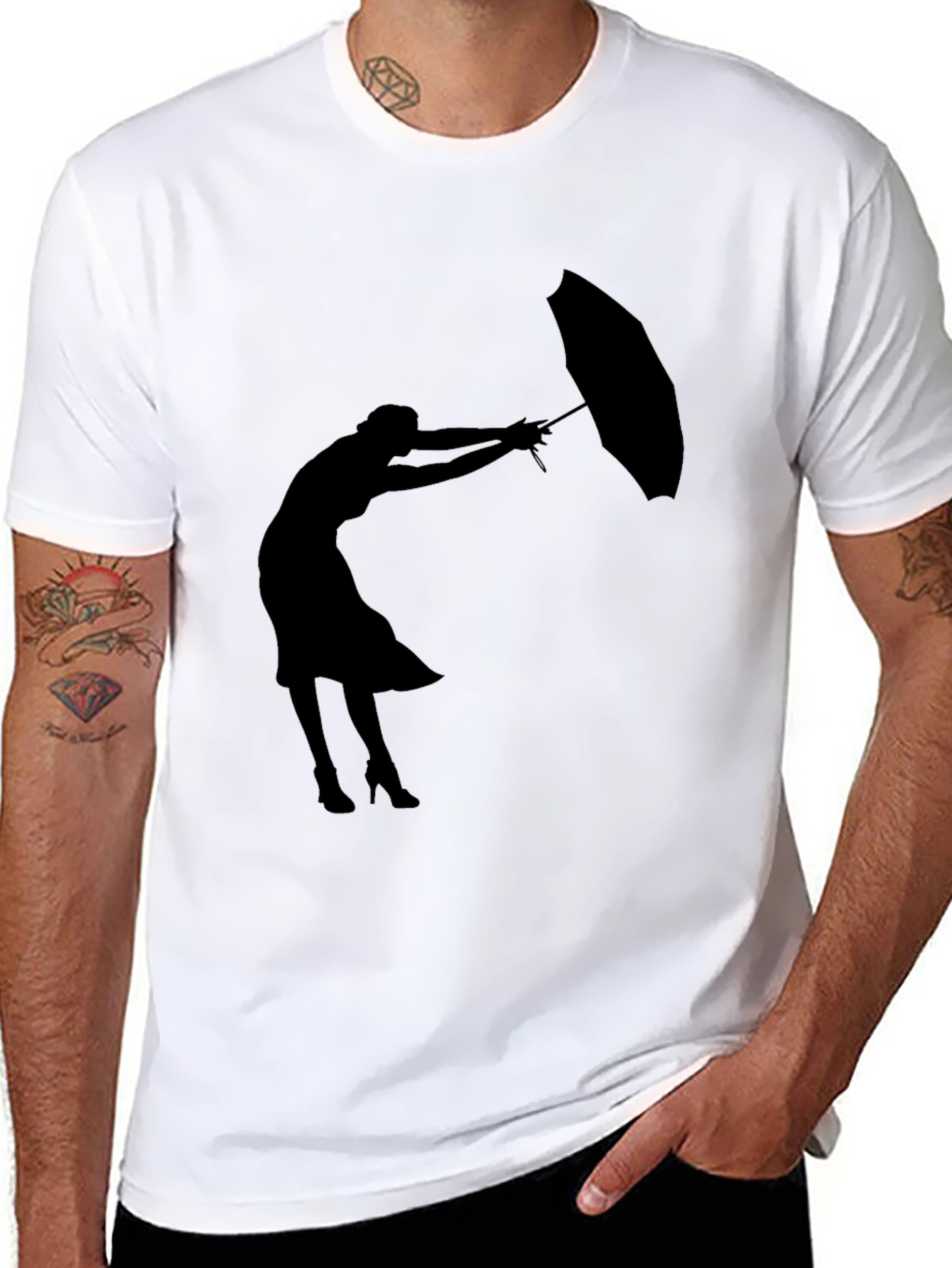 Black Silhouette Umbrella Woman Graphic Tee view 8