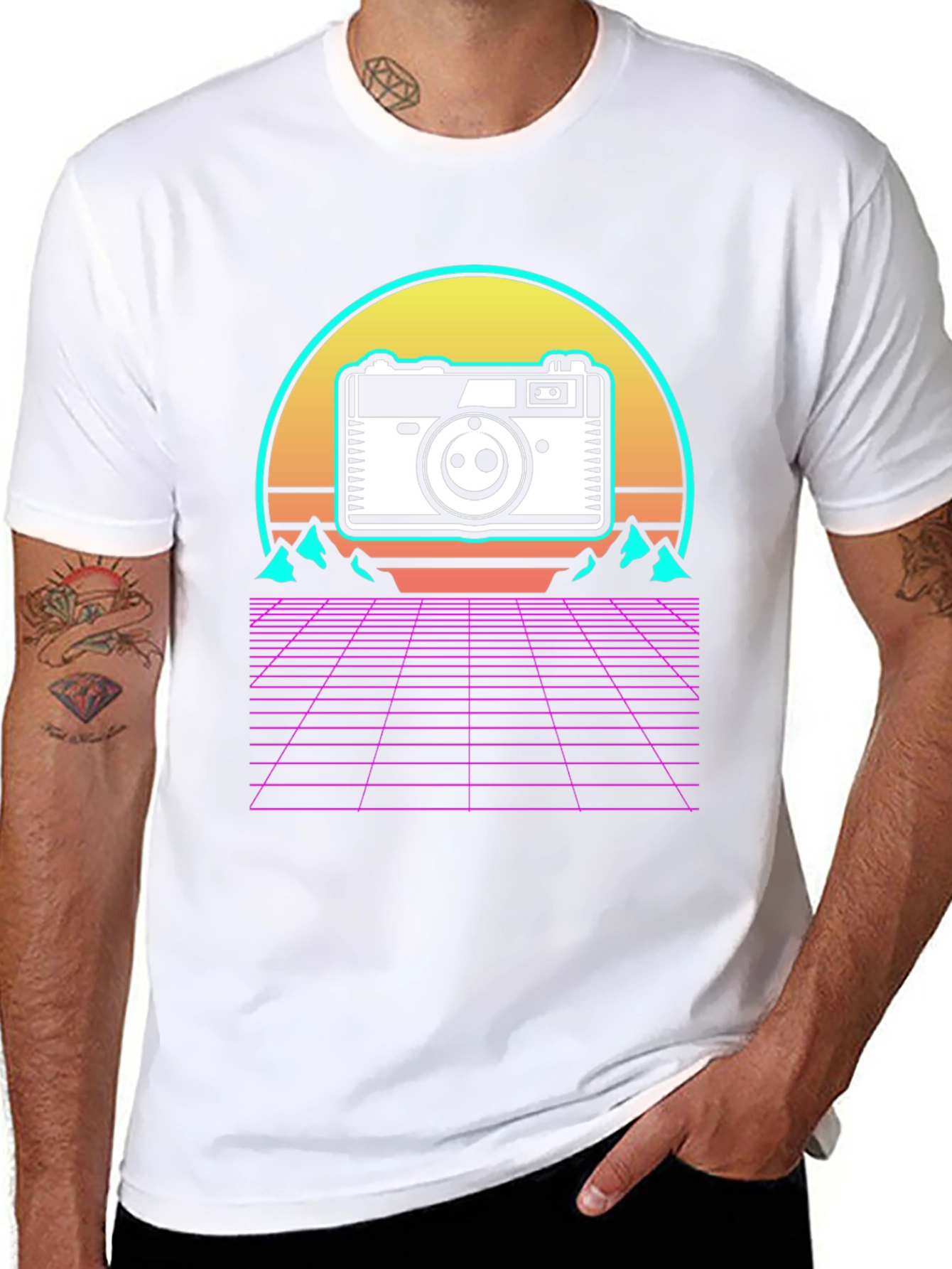Black Retro Camera Grid T-Shirt view 8