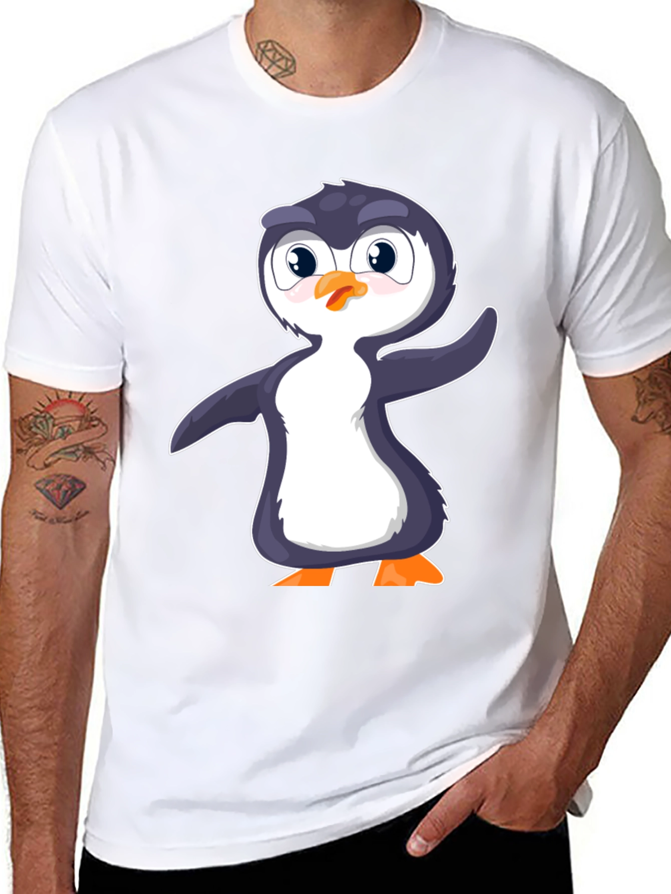 Black Cute Penguin Graphic Print Black T-Shirt view 8