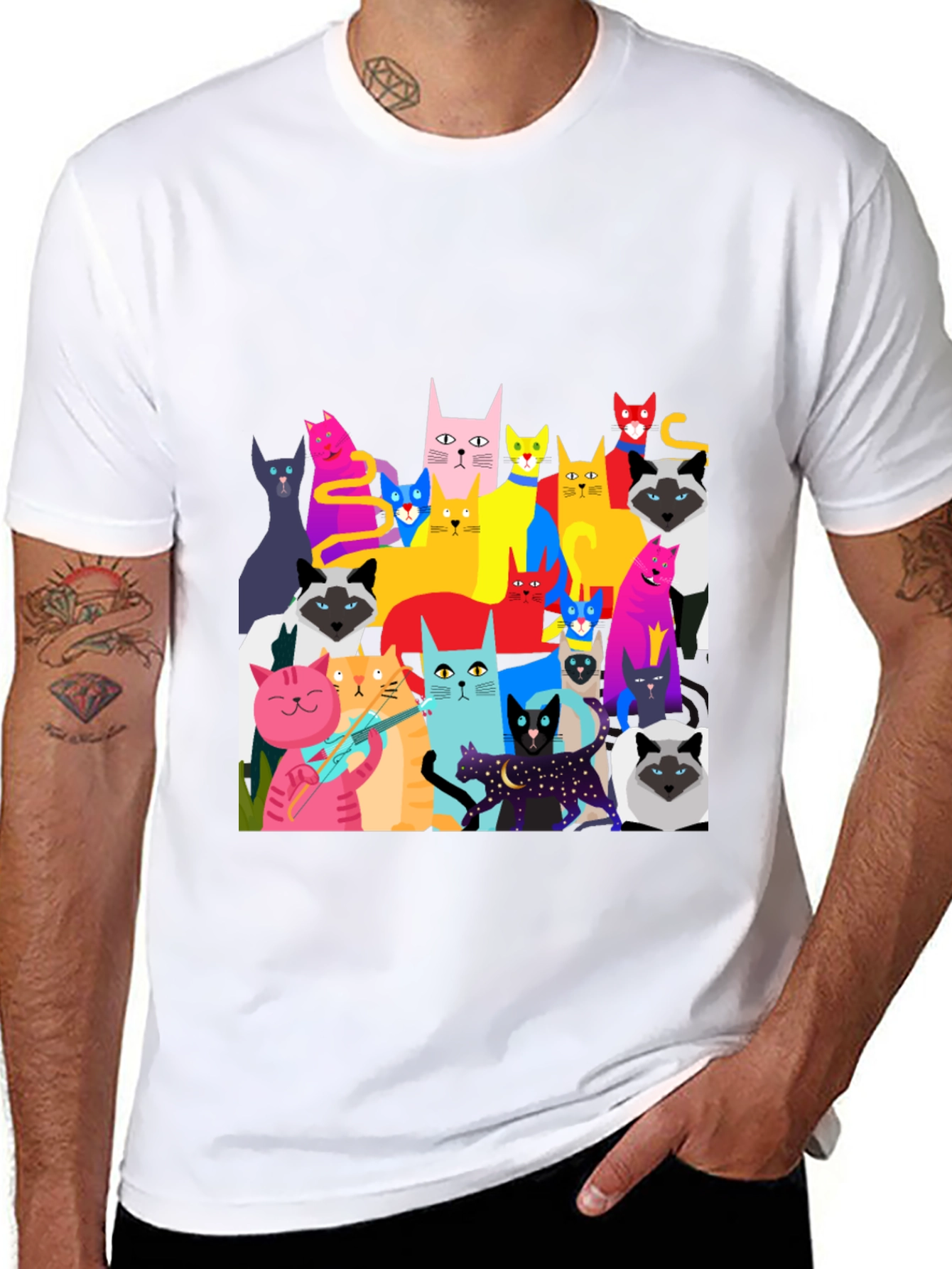 Black Colorful Cat Graphic Tee - Unique Fun Design view 8