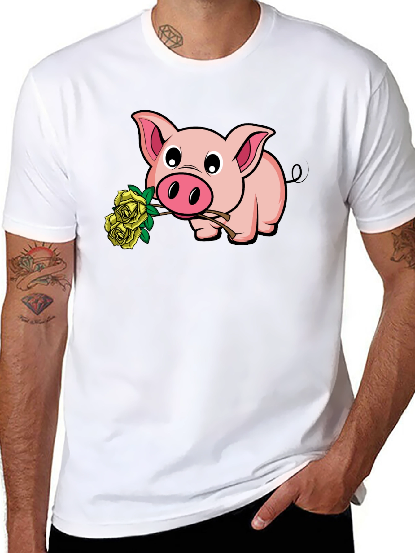 Black Pig Holding Yellow Roses Graphic T-Shirt view 8