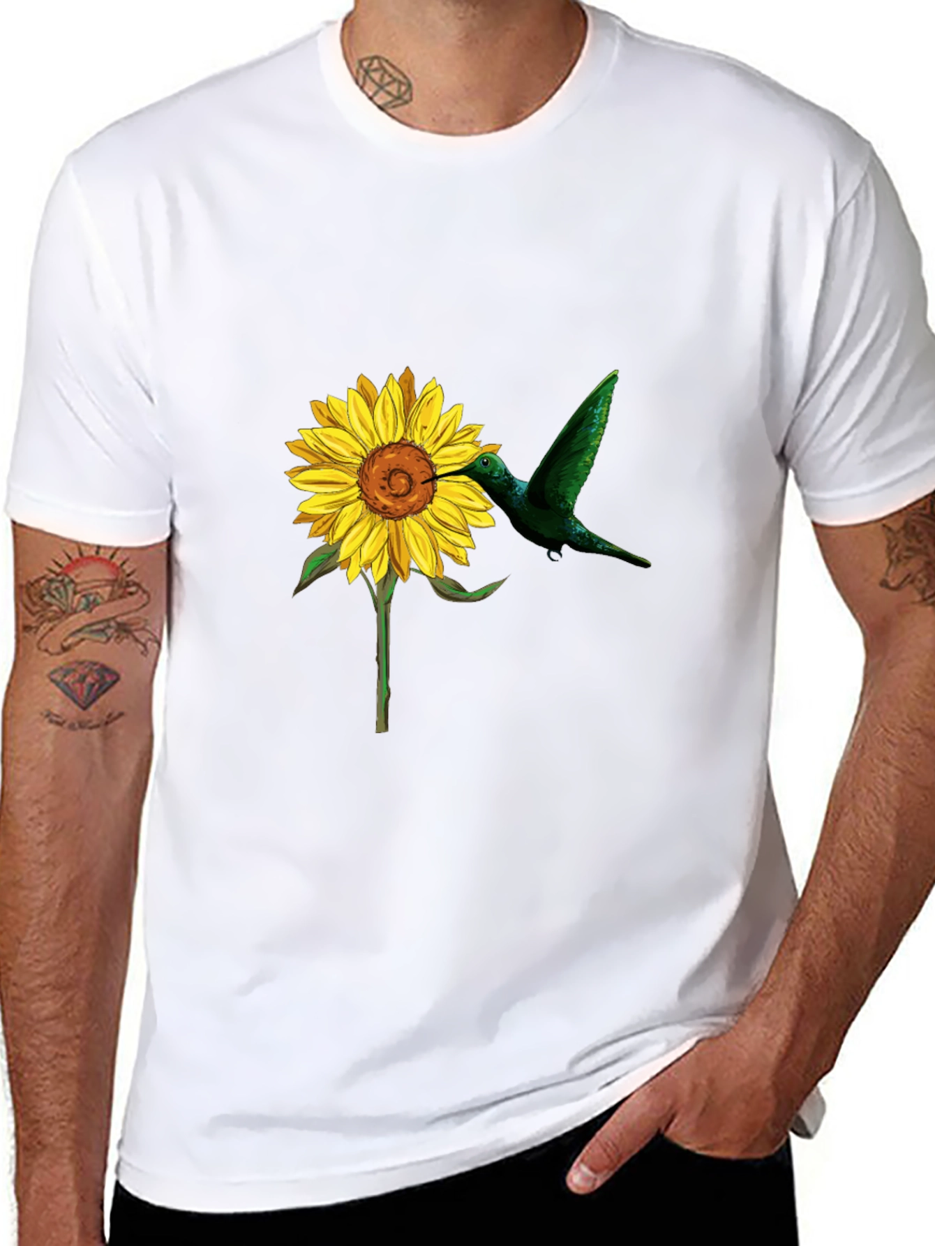 Black Hummingbird & Sunflower Graphic Black T-Shirt view 8