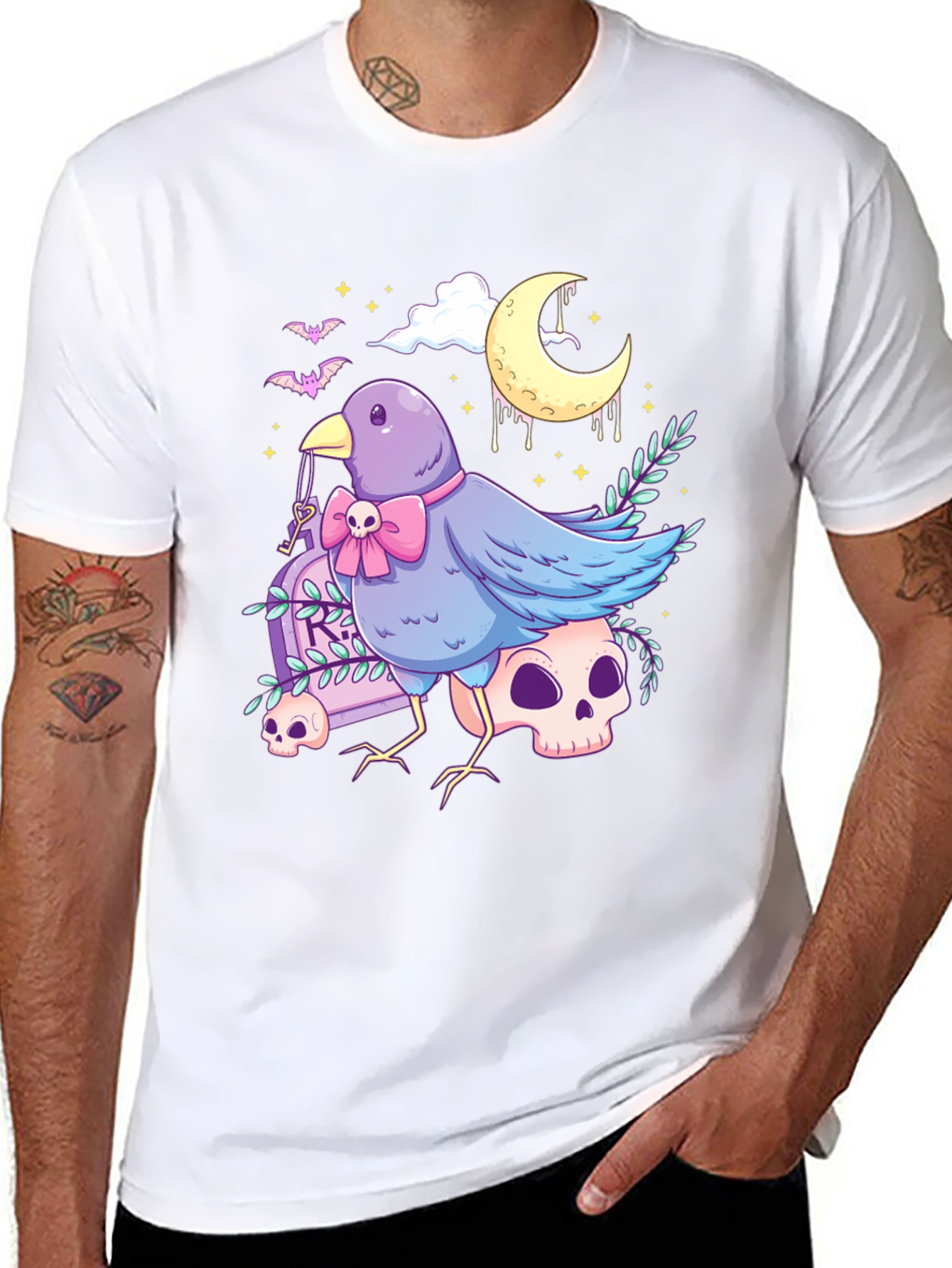 Black Gothic Bird Graphic Tee - Skull & Moon Design view 8