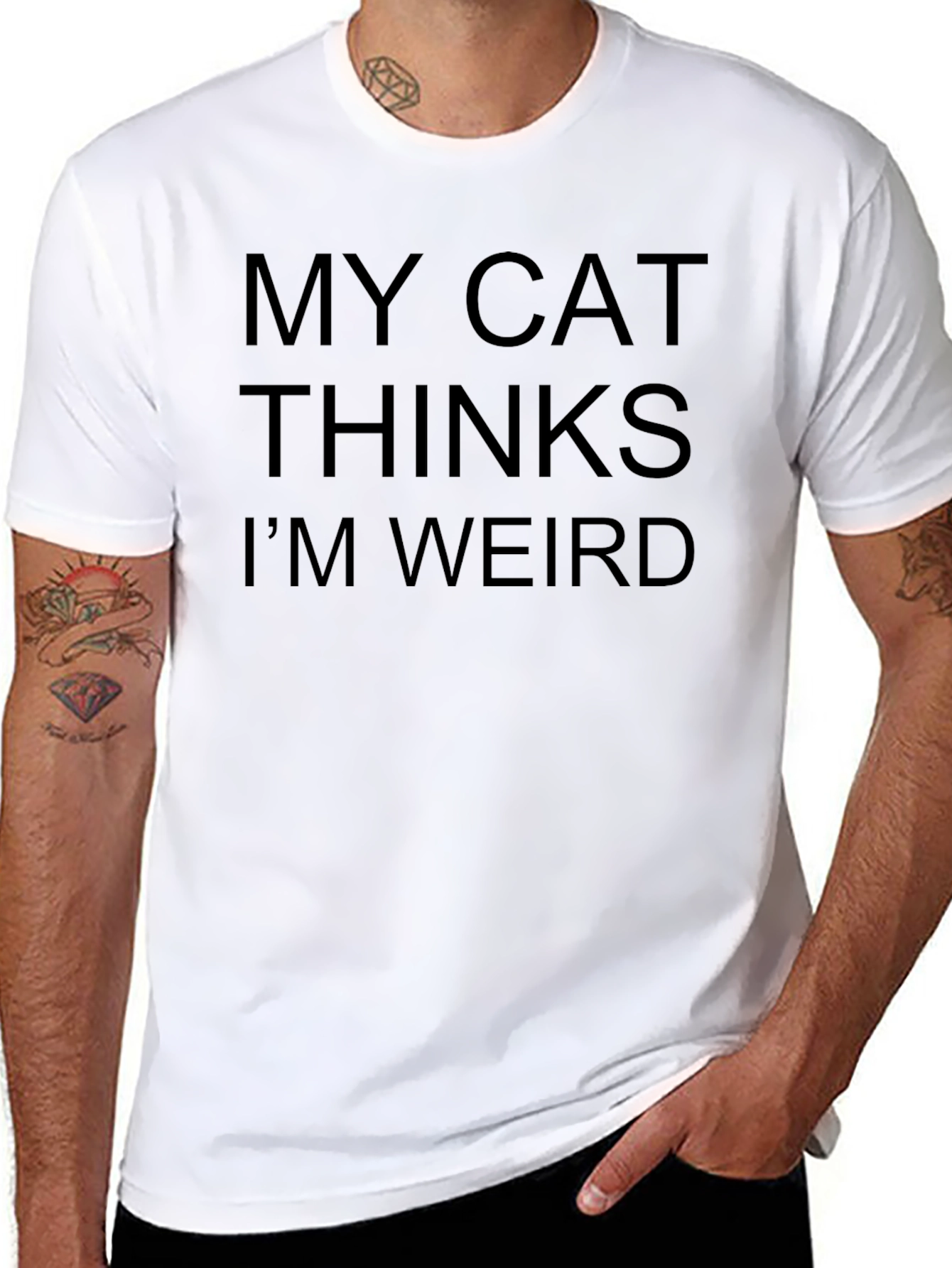 Black My Cat Thinks I'm Weird - Black T-Shirt view 8