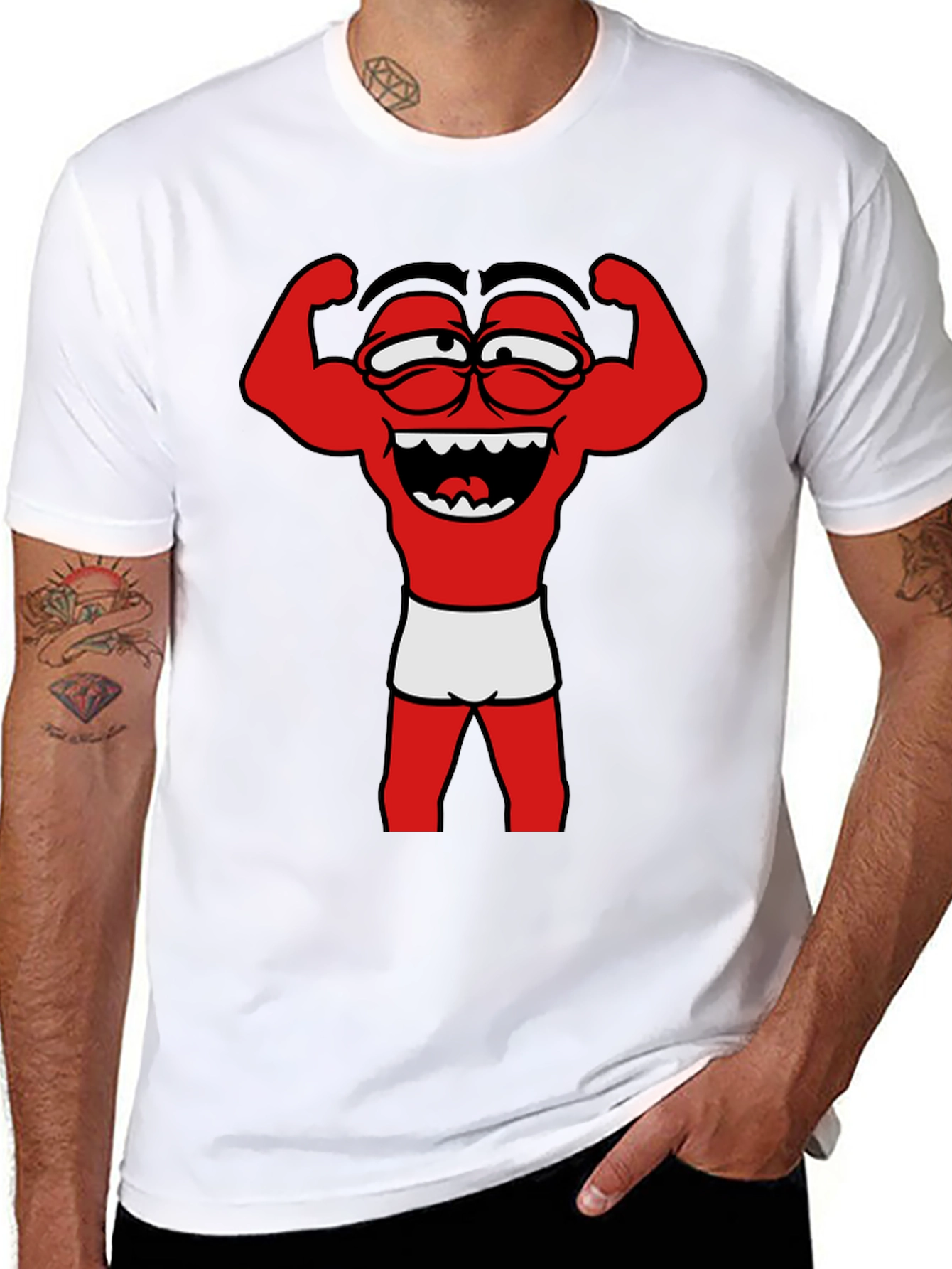 Black Funny Muscle Man Cartoon Graphic Tee - Black view 8
