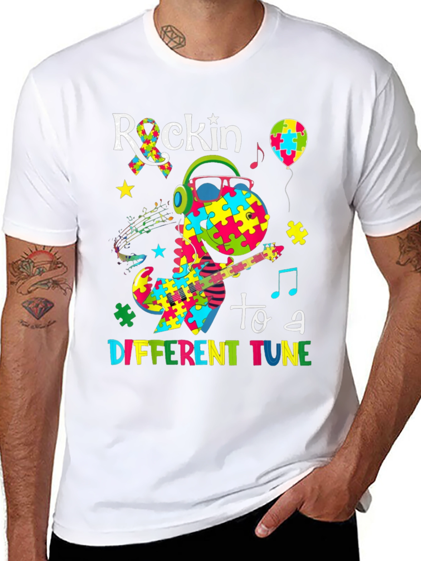 Black Rockin' to a Different Tune Autism Awareness T-Shirt view 8