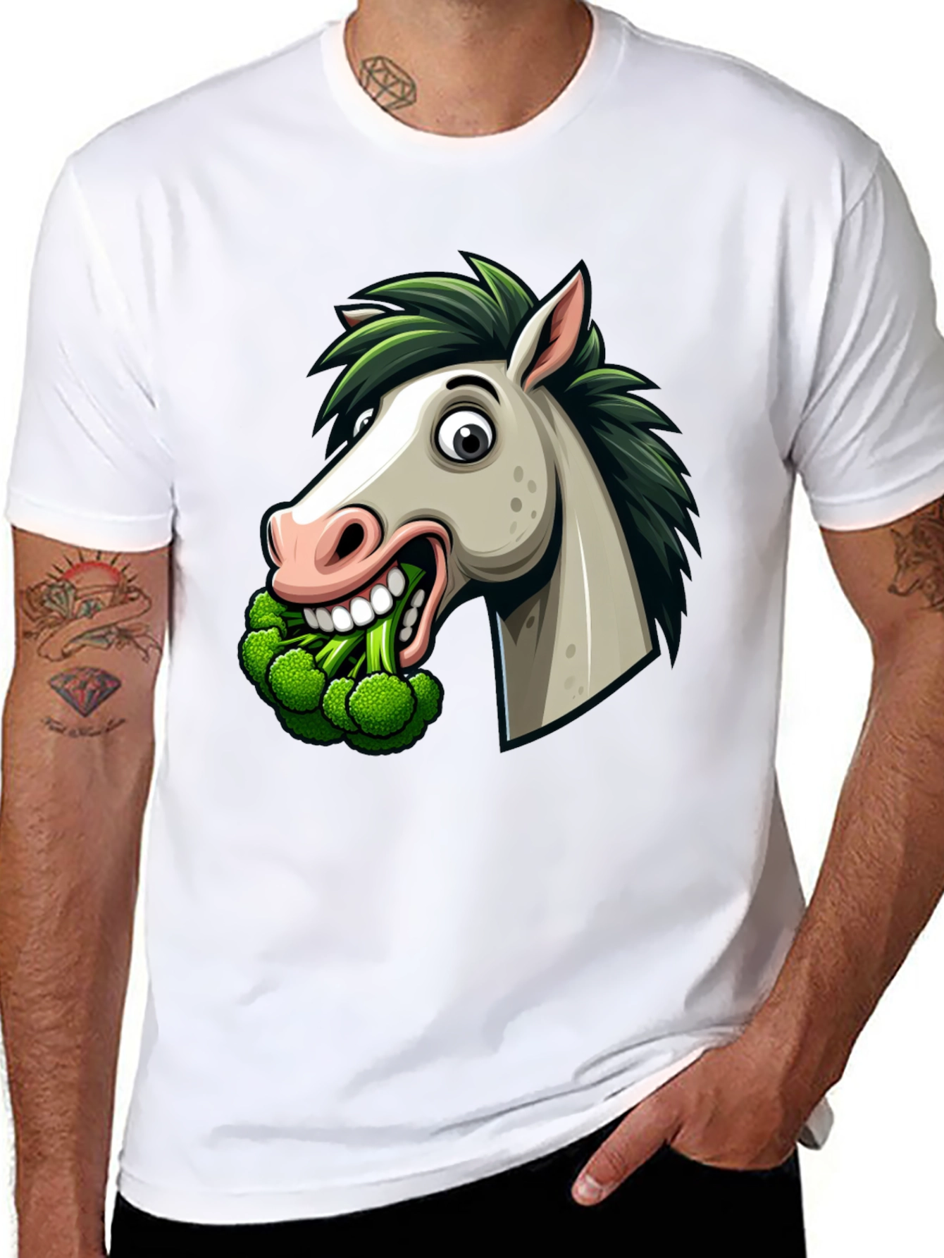 Black Funny Horse Broccoli Graphic Tee view 8