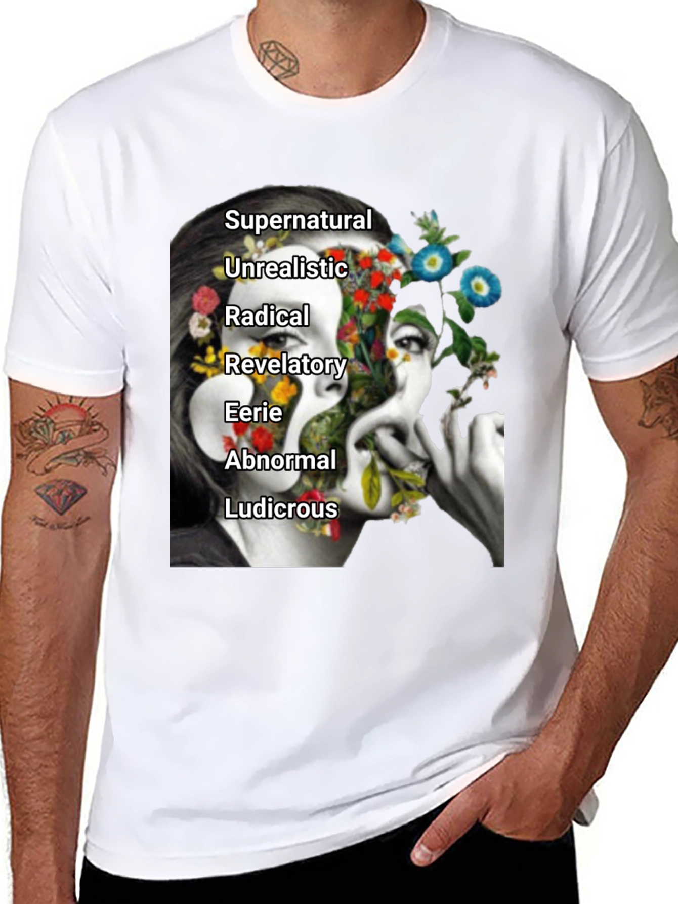 Black Surreal Floral Woman's Face Graphic Tee view 8