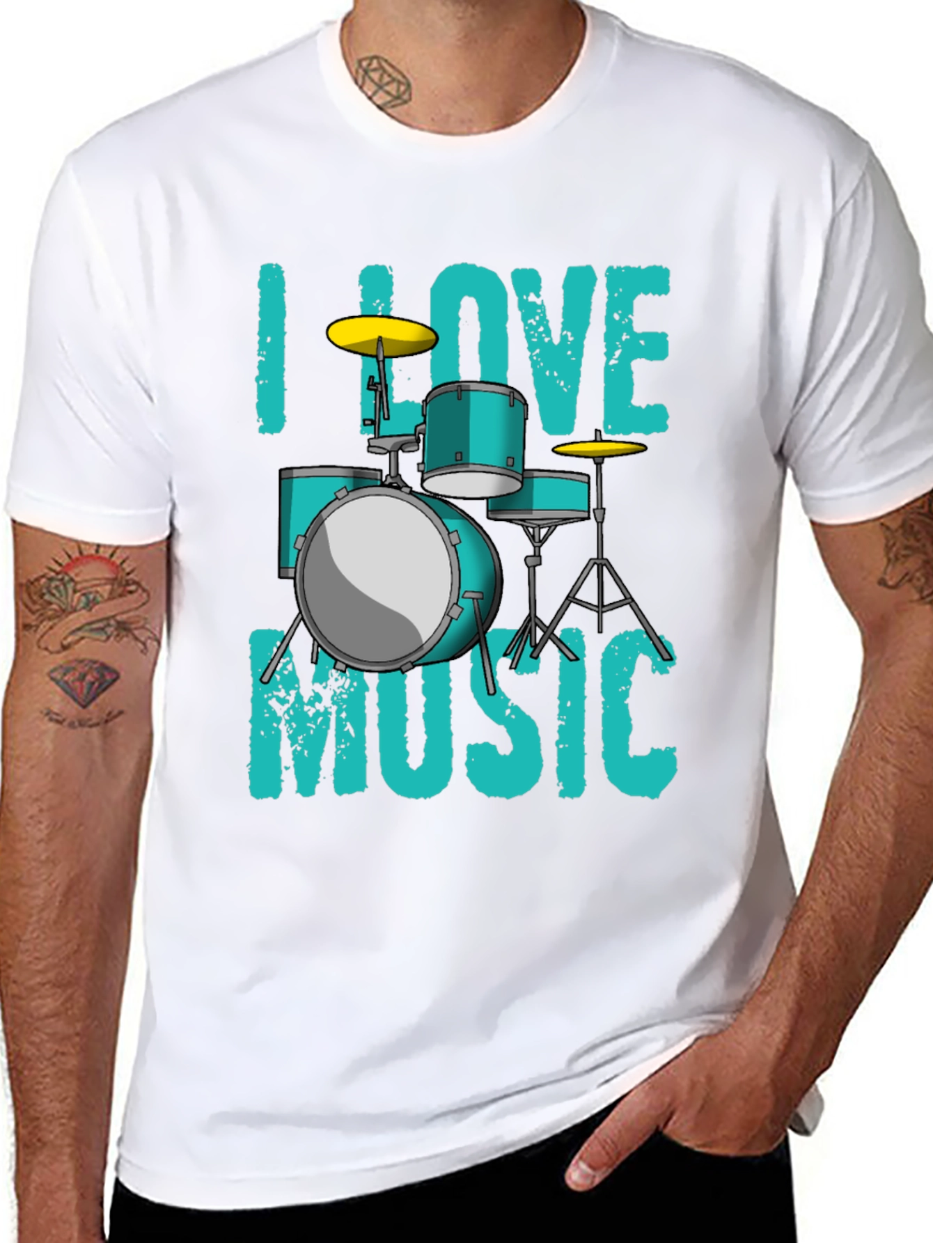 Black I Love Music Drum Set Graphic T-Shirt view 8