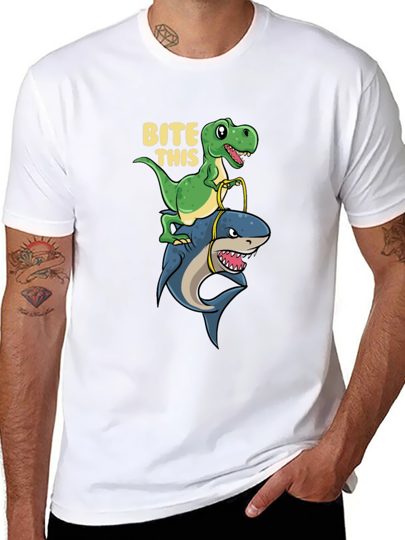 Black Dino Riding Shark T-Shirt - Bite This Funny Graphic Tee view 8