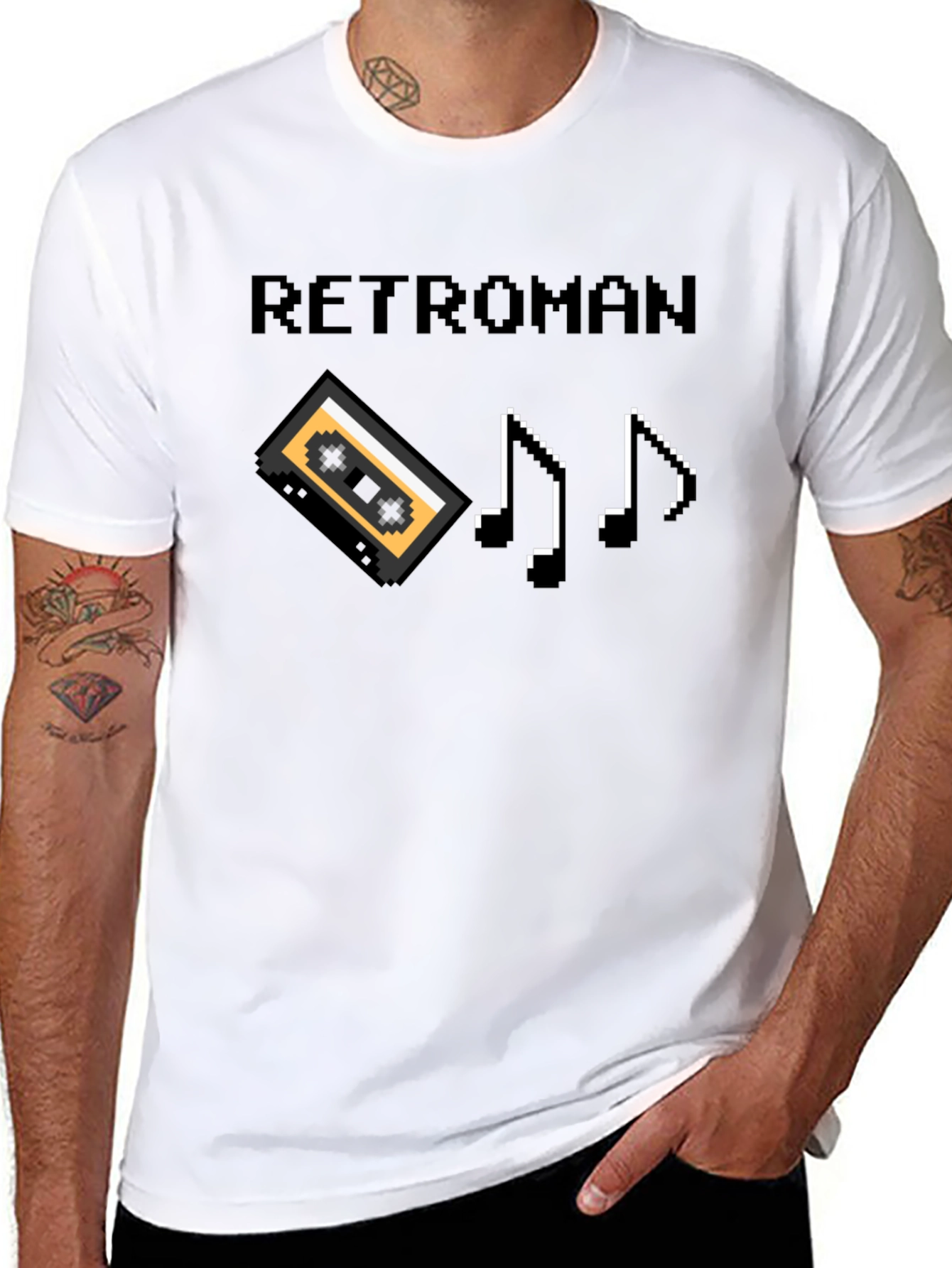 Retroman Retro 8-bit T-Shirt - Cassette & Music Notes - 8