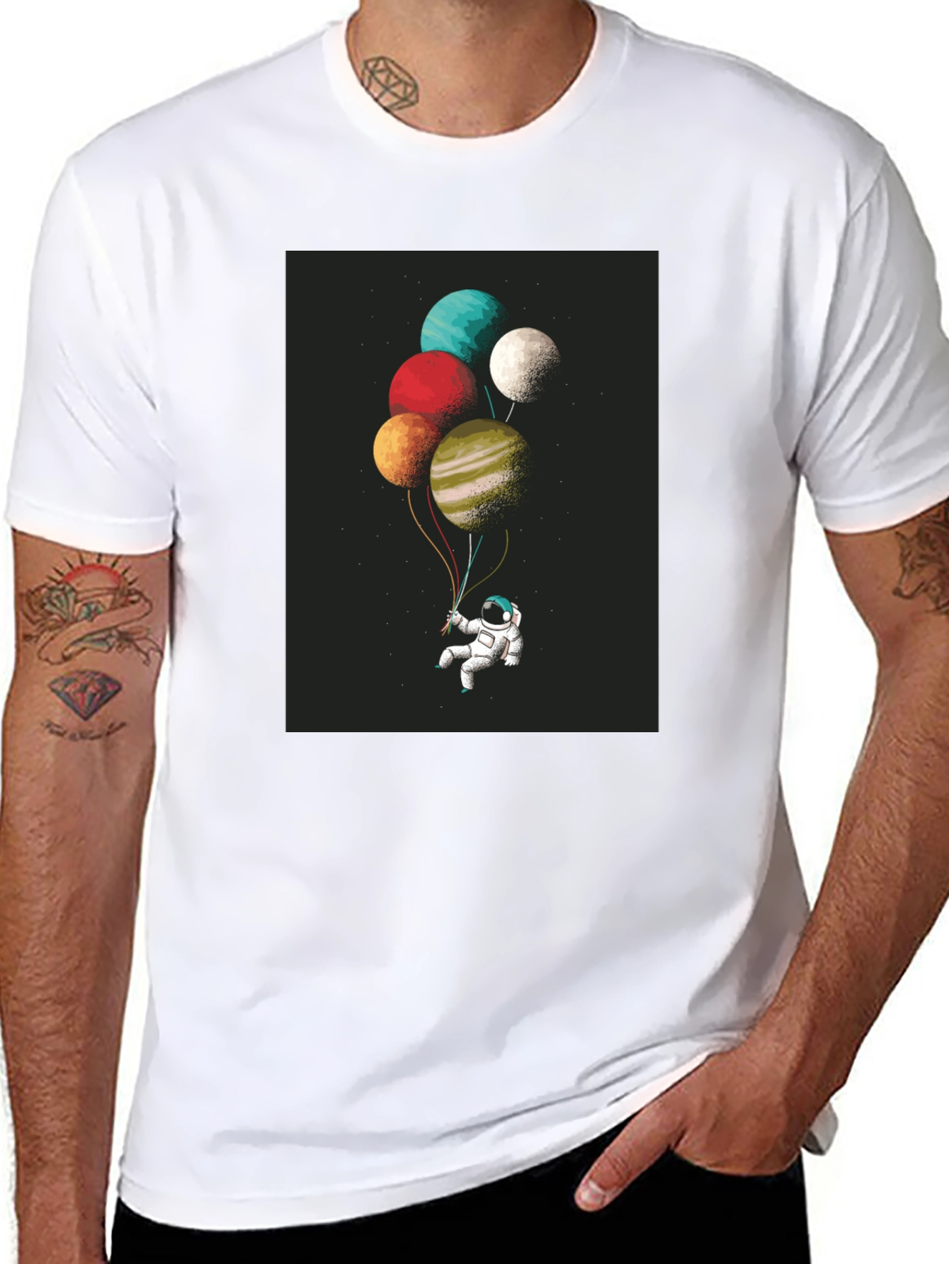 Black Astronaut Planet Balloons Graphic Tee - Black Cotton Blend view 8