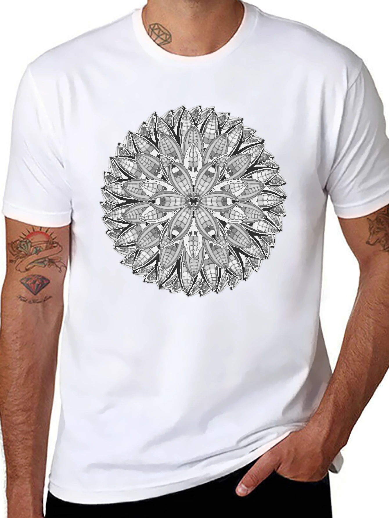 Black Geometric Mandala Print Black T-Shirt view 8