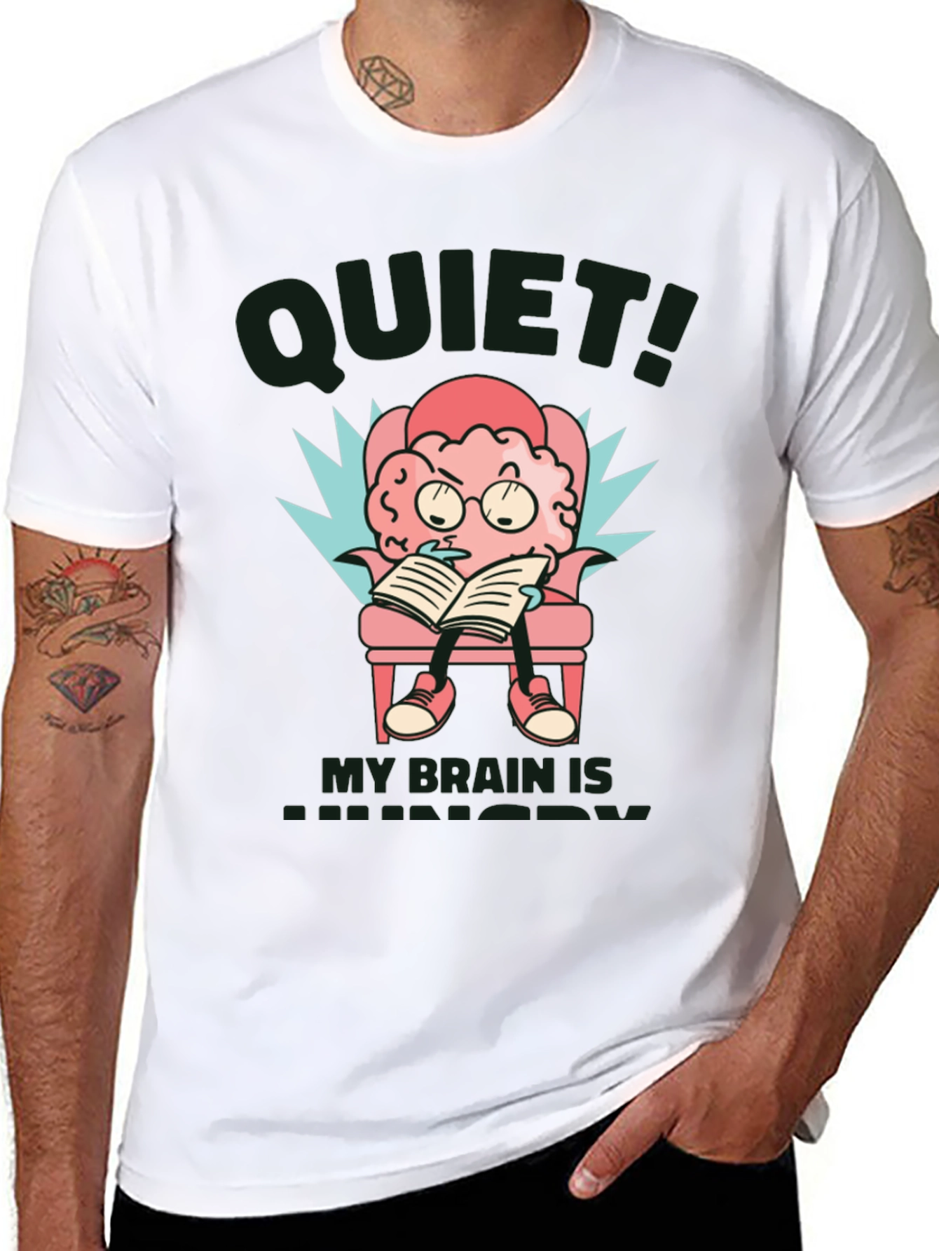 Black Quiet! My Brain is Hungry T-Shirt - Novelty Brain Cartoon Tee view 8