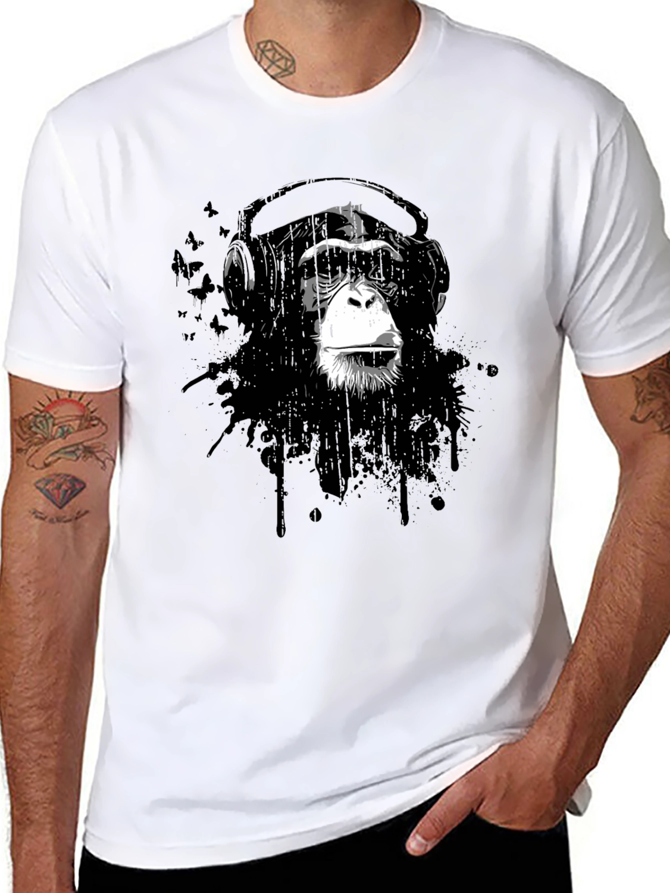 Black Cool Monkey Headphone Graphic T-Shirt view 8
