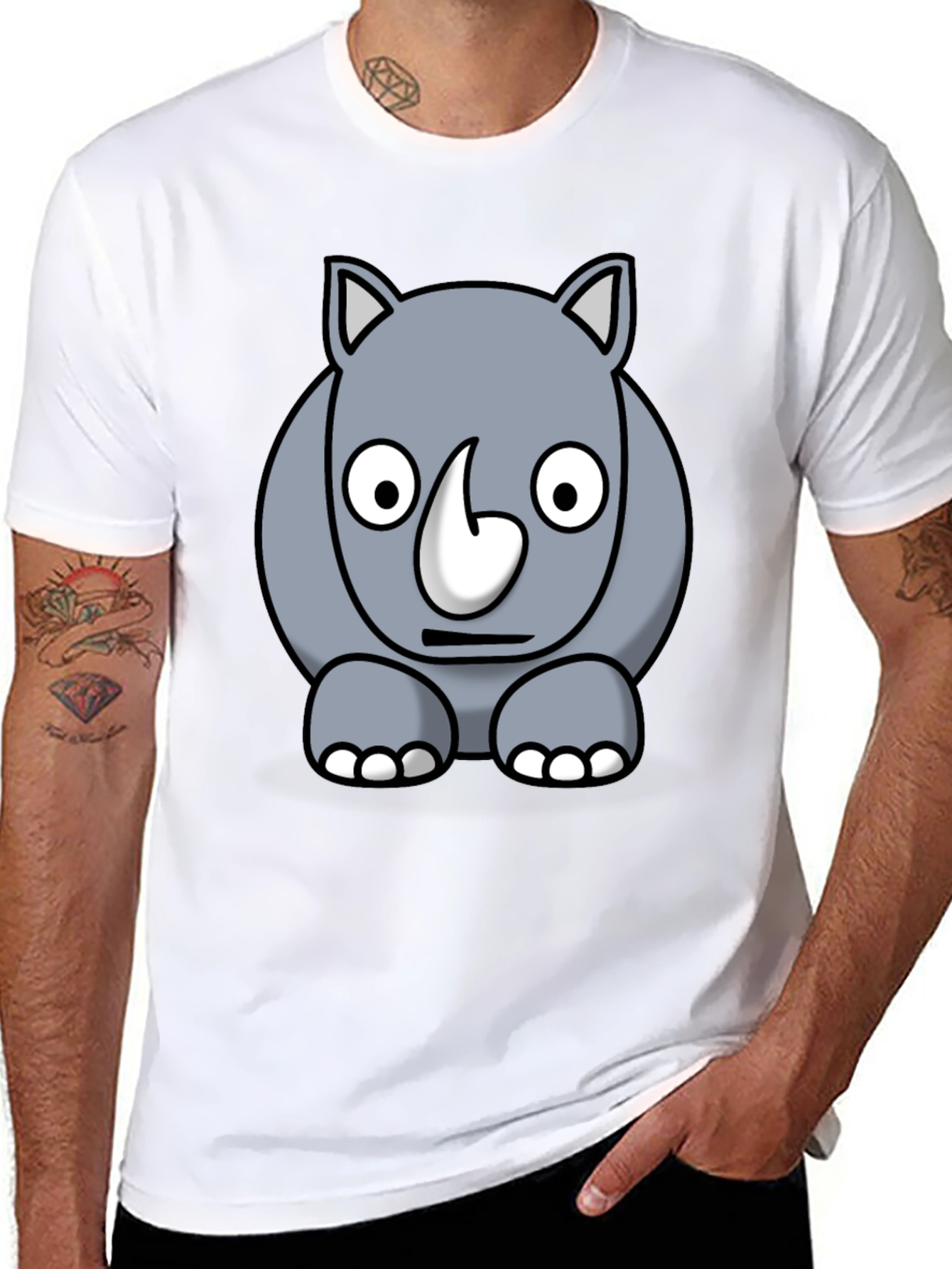 Black Cartoon Rhino Graphic Tee - Black Cotton T-Shirt view 8
