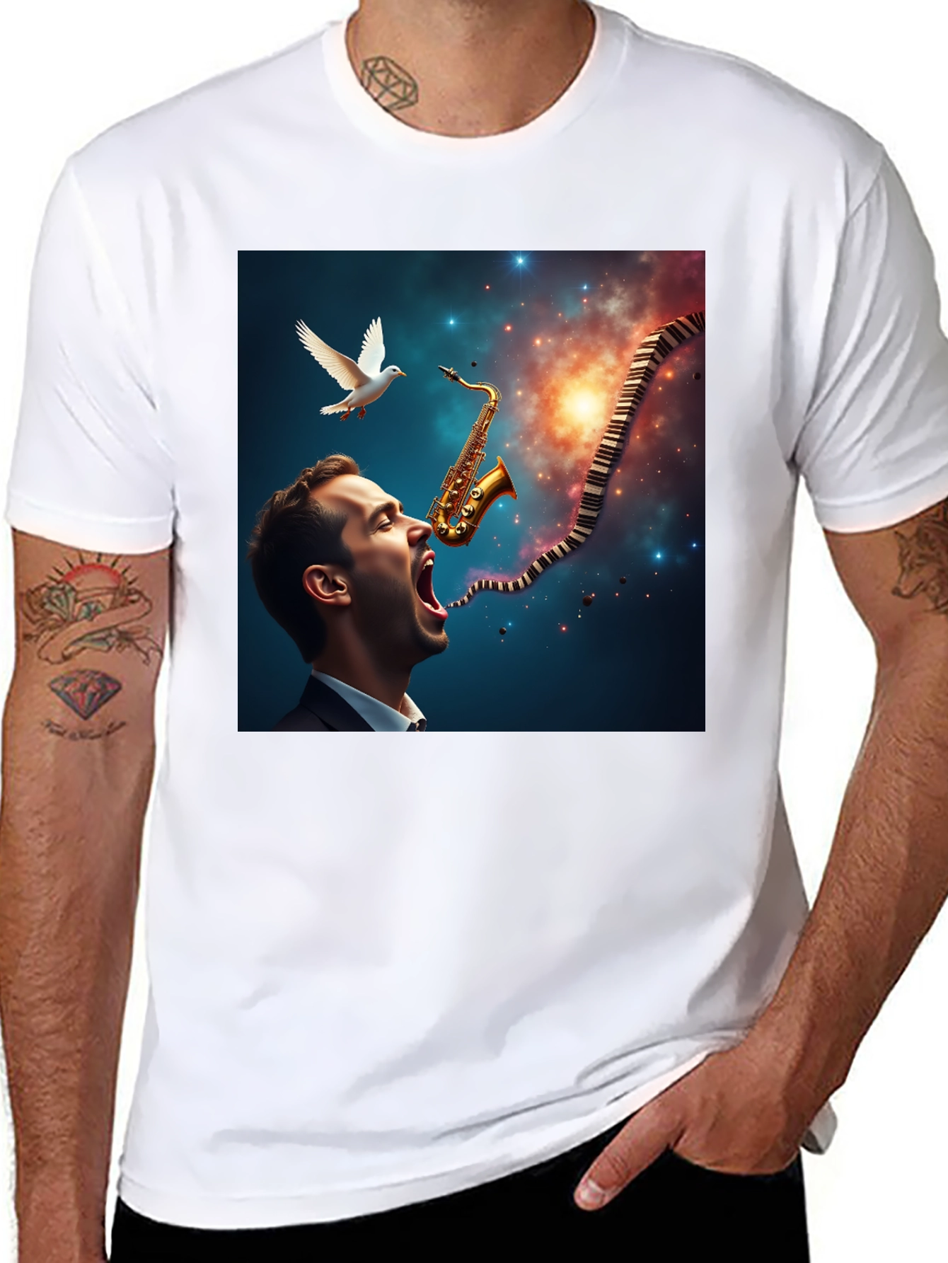Black Jazz Harmony T-Shirt: Saxophone & Piano Keys Design view 8