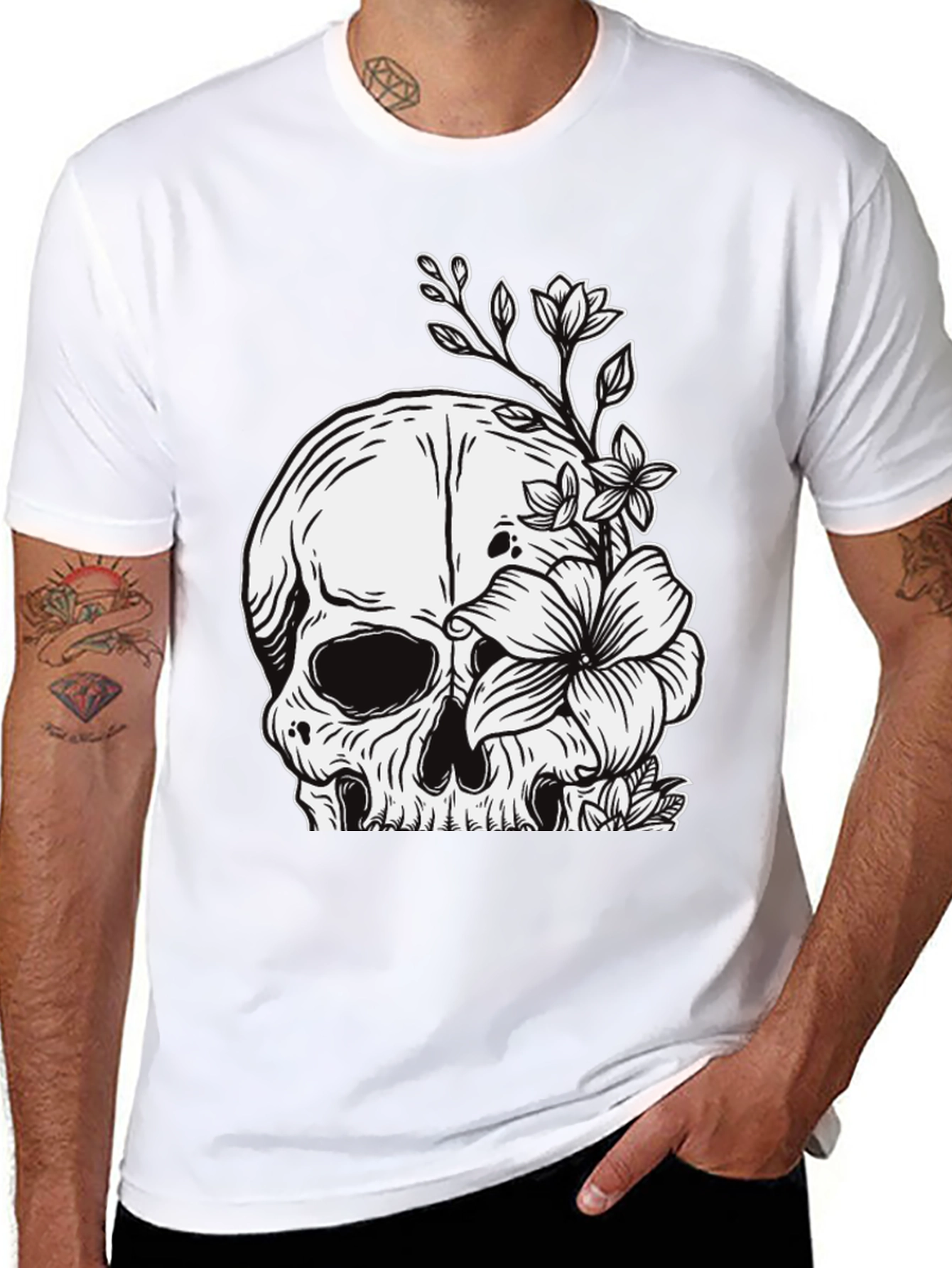 Black Skull & Flowers Graphic Tee - Black view 8