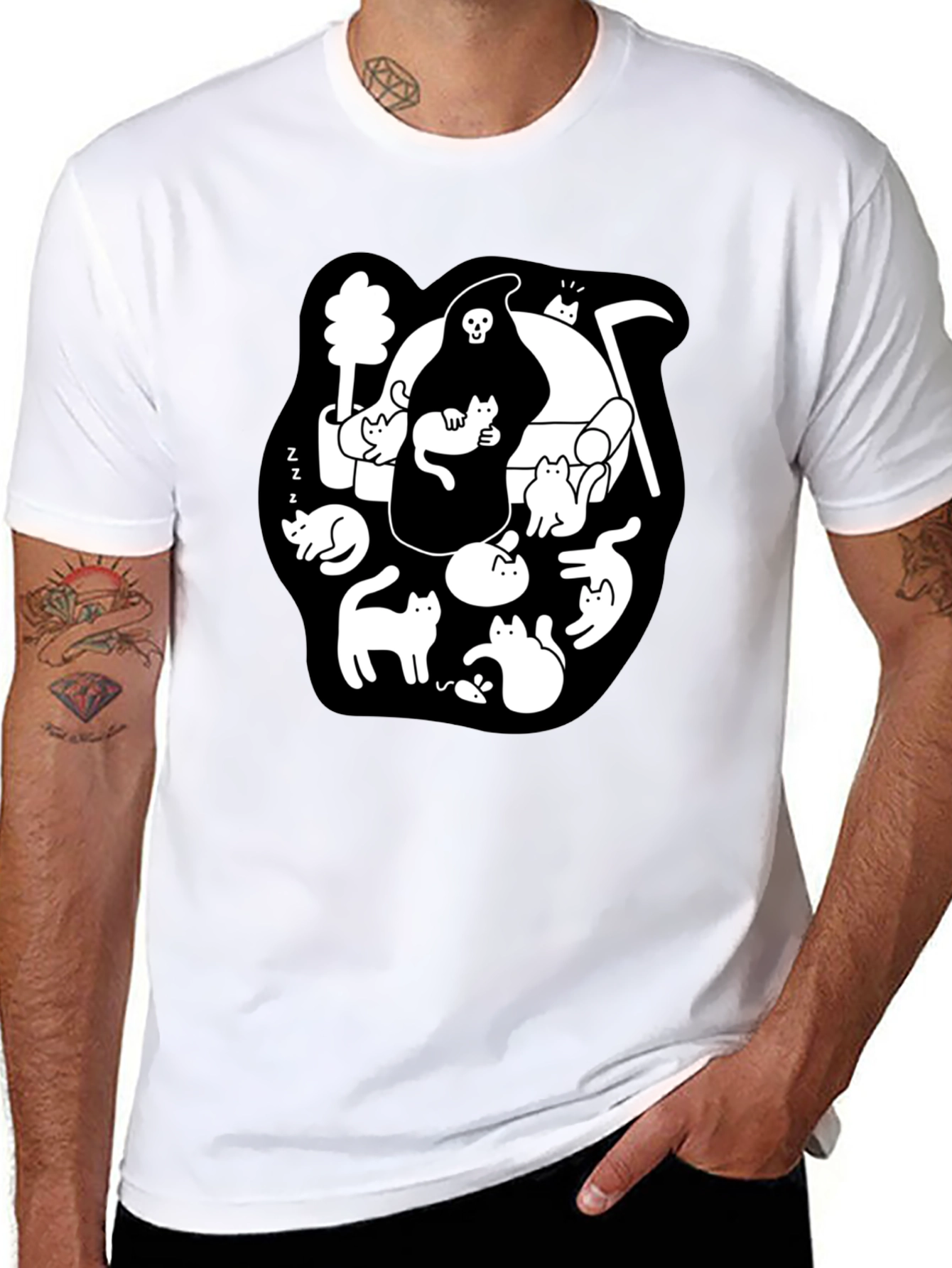 Black Grim Reaper & Cats Graphic Black T-Shirt view 8