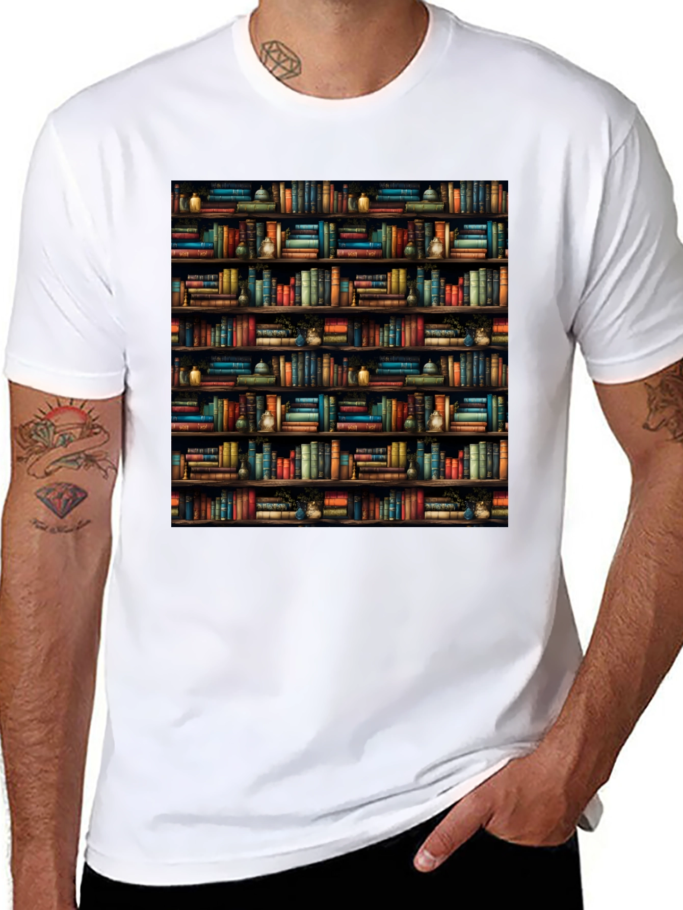 Black Bookcase Print Black T-Shirt view 8