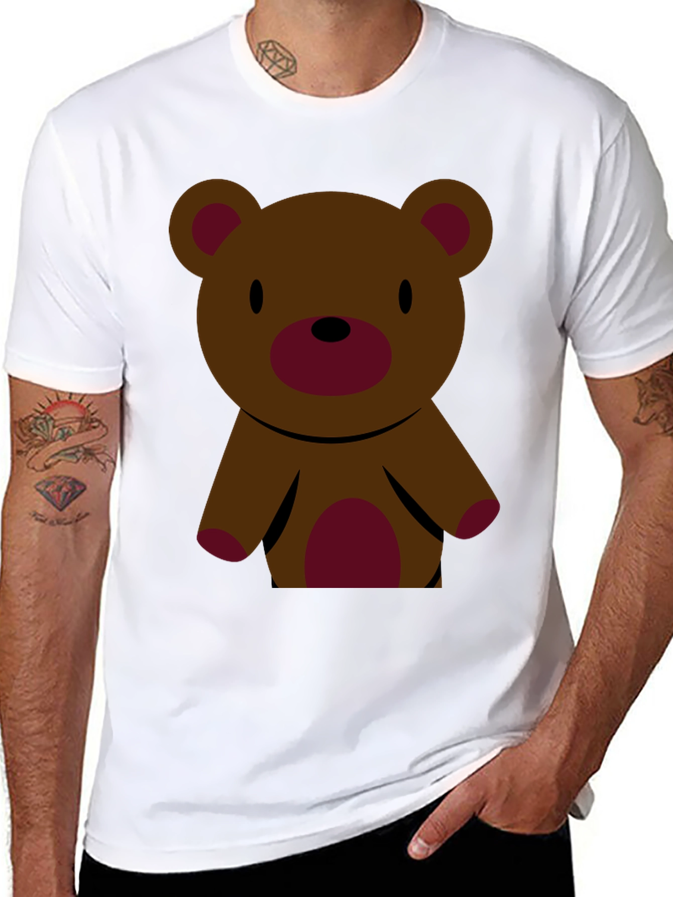Black Cute Teddy Bear Graphic Tee - Black Cotton T-Shirt view 8