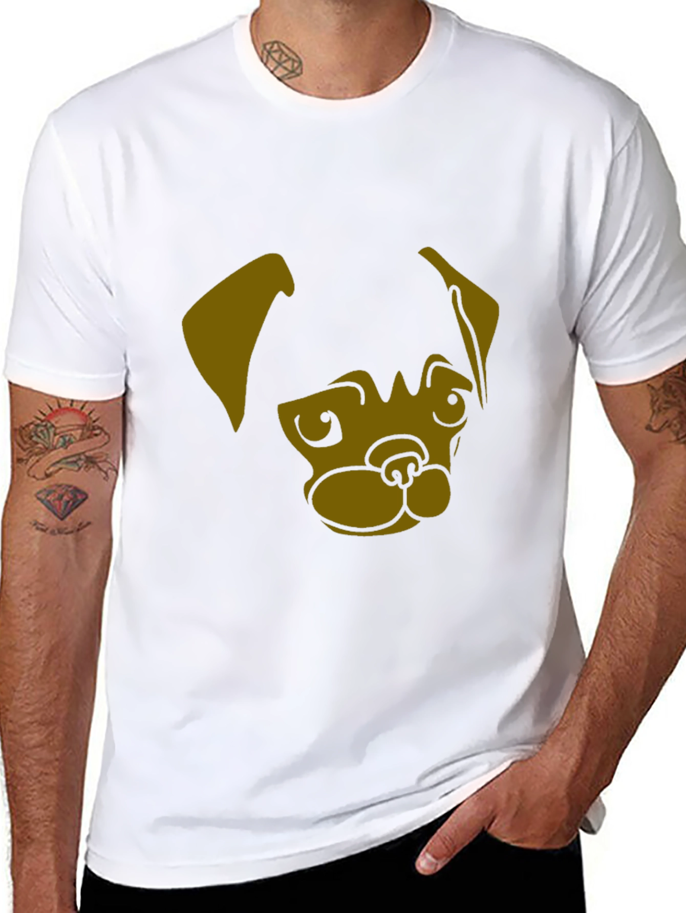 Black Men's Black T-Shirt with Pug Dog Graphic Print view 8