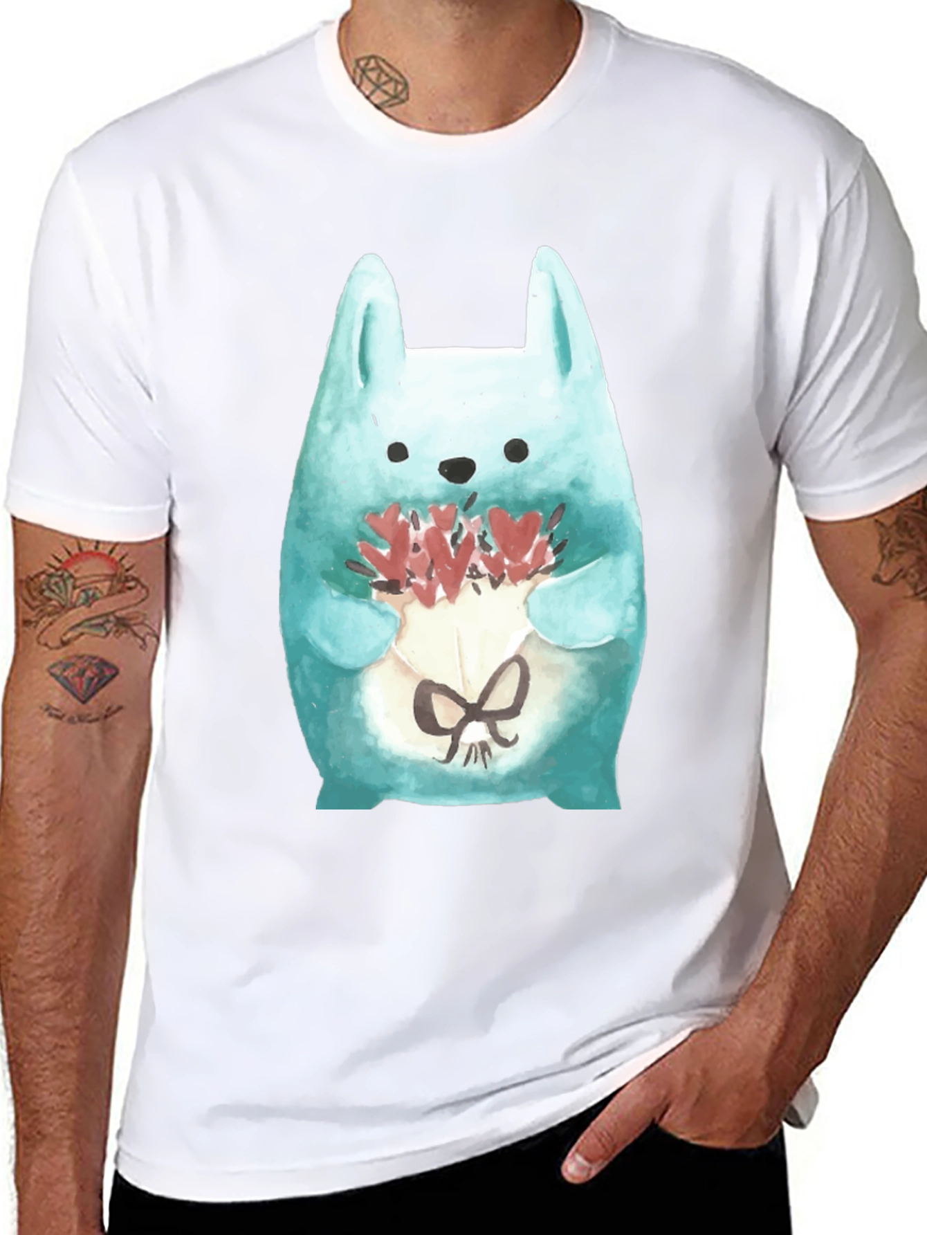 Black Cute Bunny Holding Flowers T-Shirt view 8