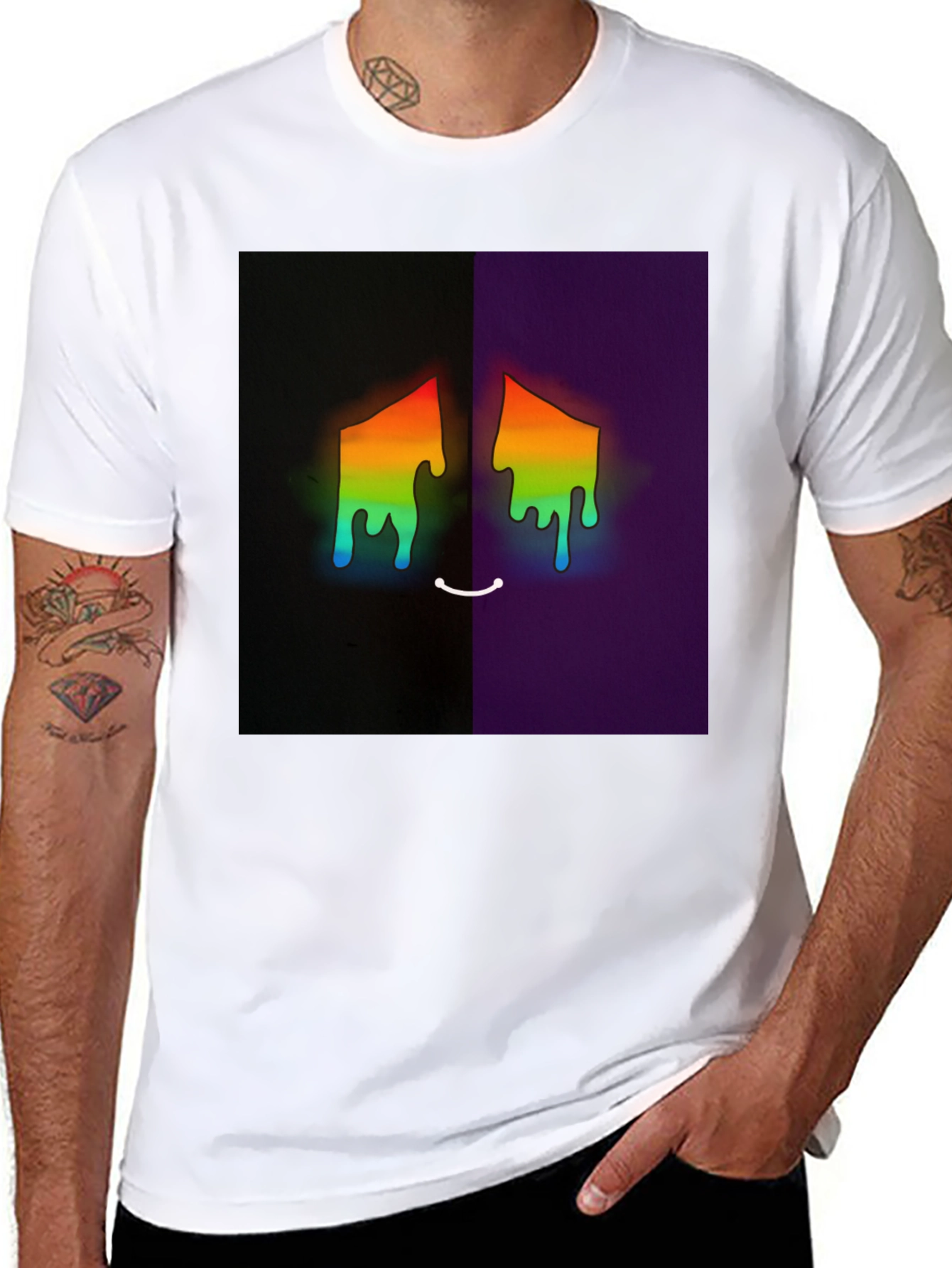 Black Rainbow Drip Face Graphic Tee - Unisex Black T-Shirt view 8