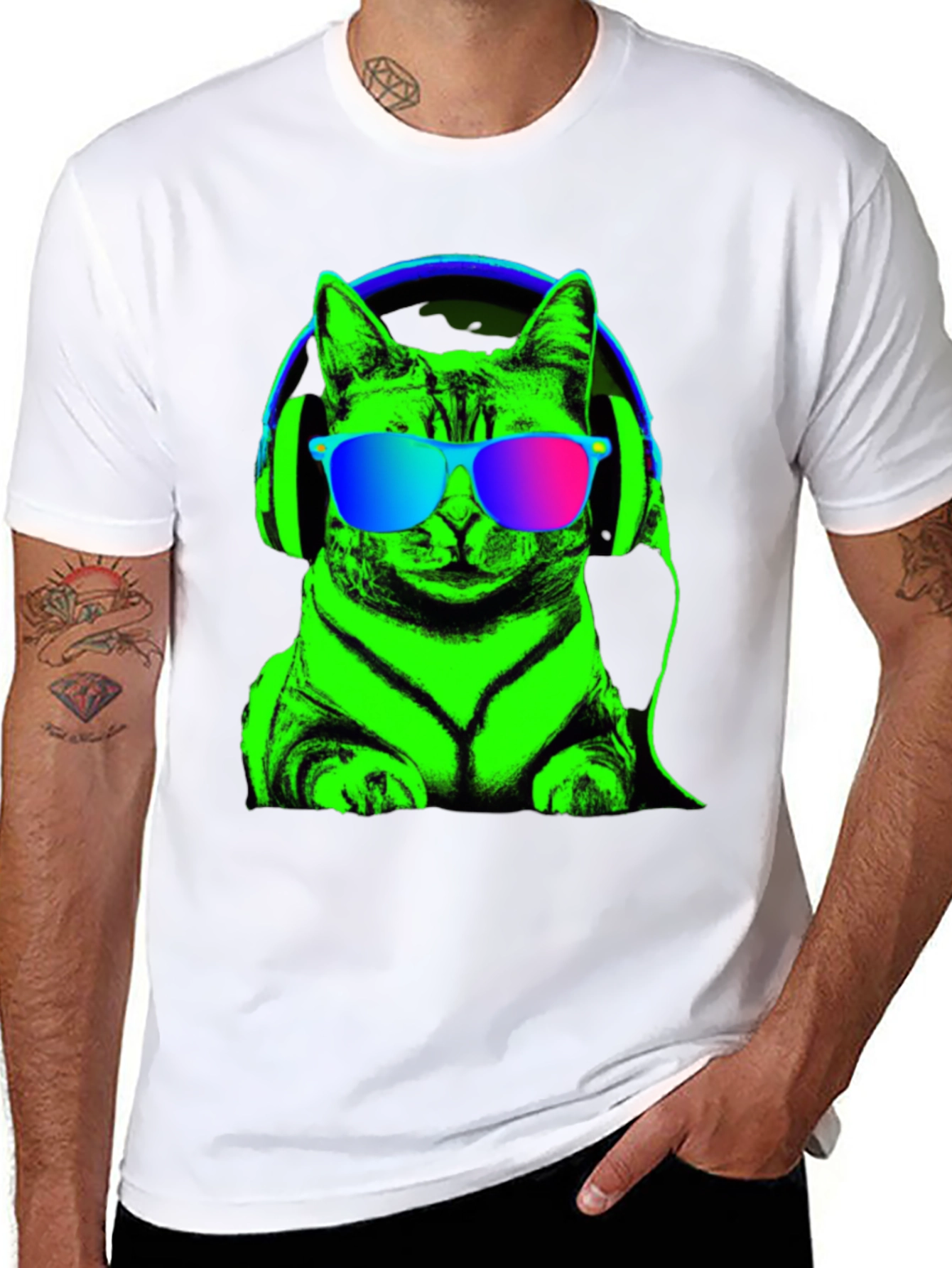 Black Cool Cat Tee: Neon Cat with Headphones T-Shirt view 8