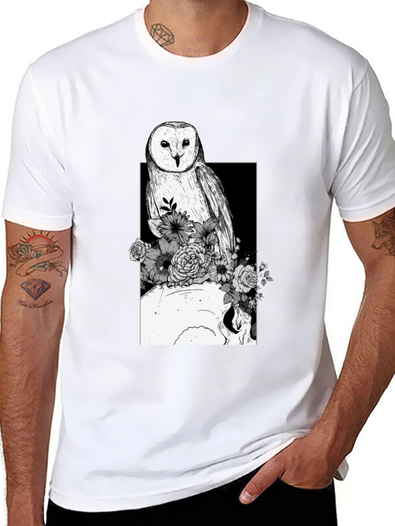 Black Owl Skull Floral Black Tee view 8