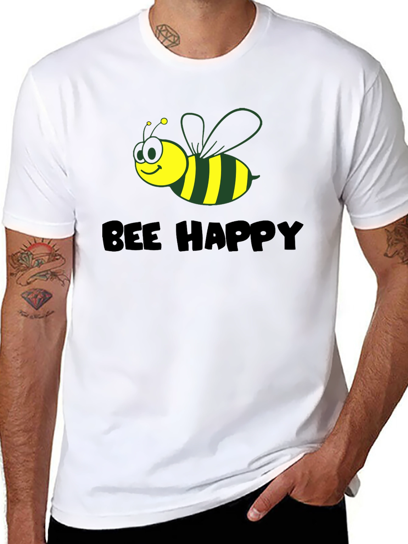 Black Bee Happy Graphic Tee - Black Cotton Comfort view 8