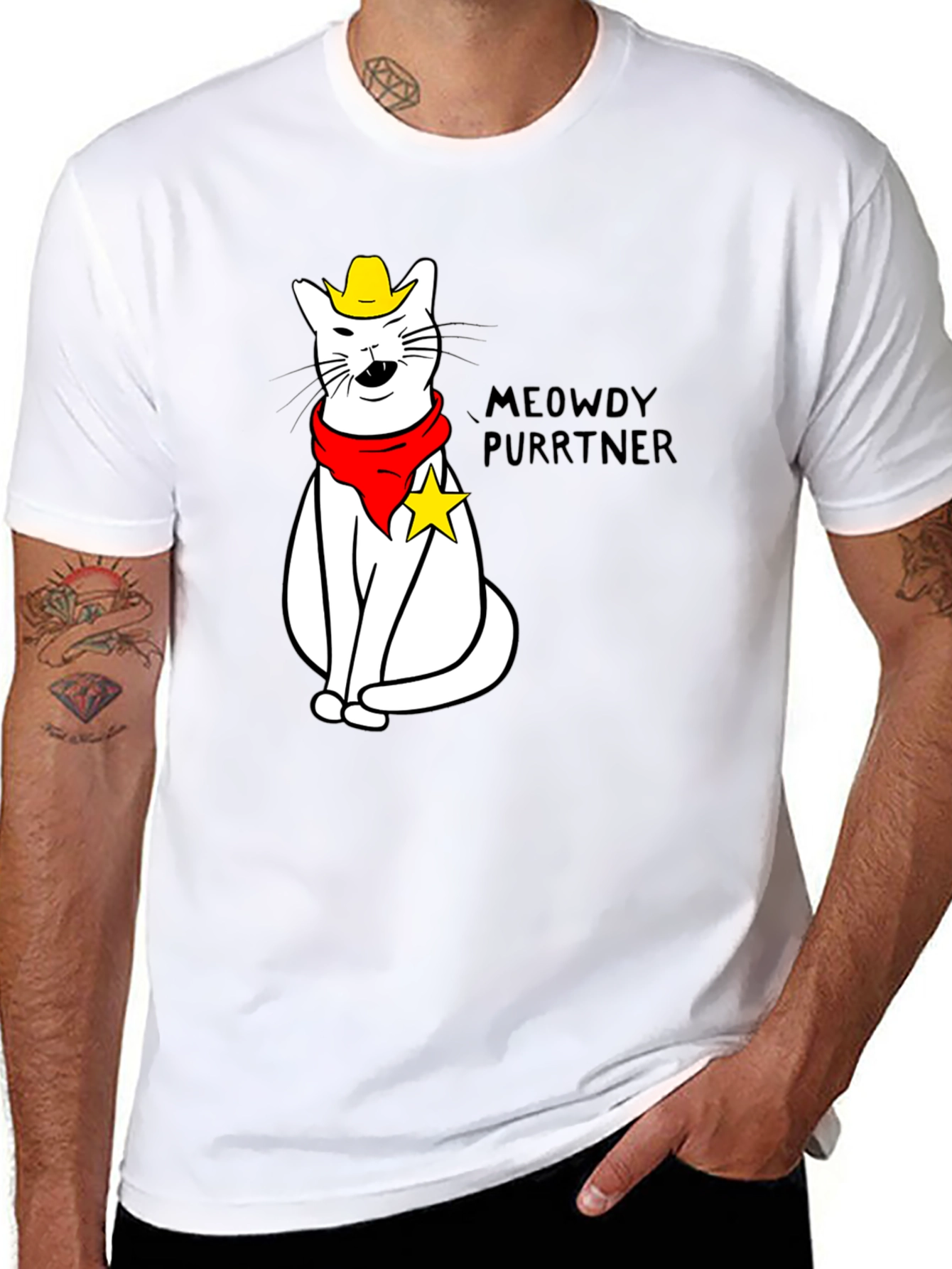 Black Meowdy Purrtner Cat Cowboy T-Shirt view 8