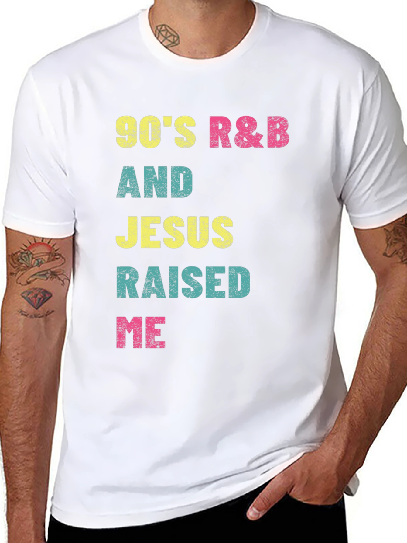 Black 90's R&B and Jesus Raised Me Graphic T-Shirt view 8
