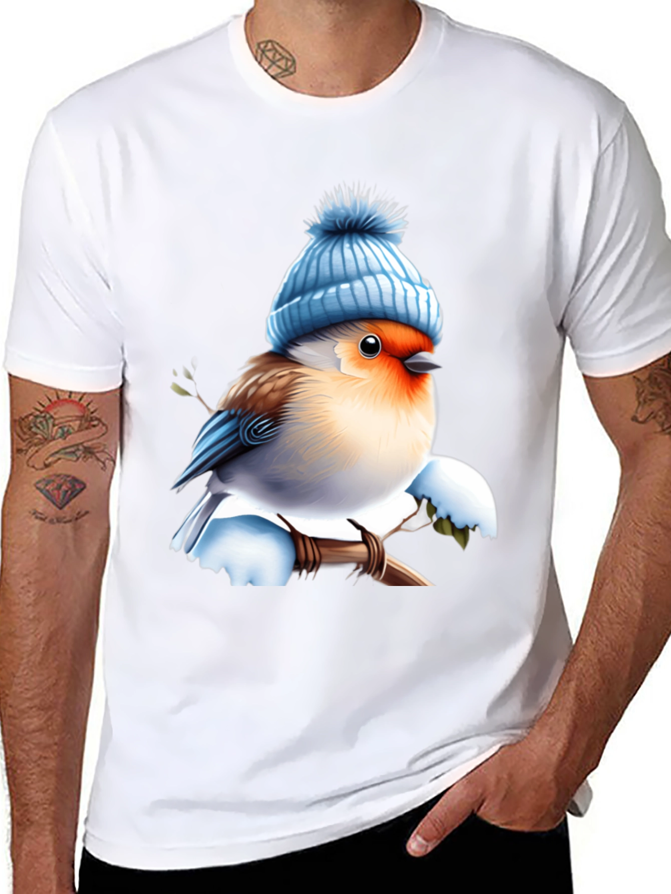 Winter Bird T-Shirt - Cute Blue Hat Design - 8
