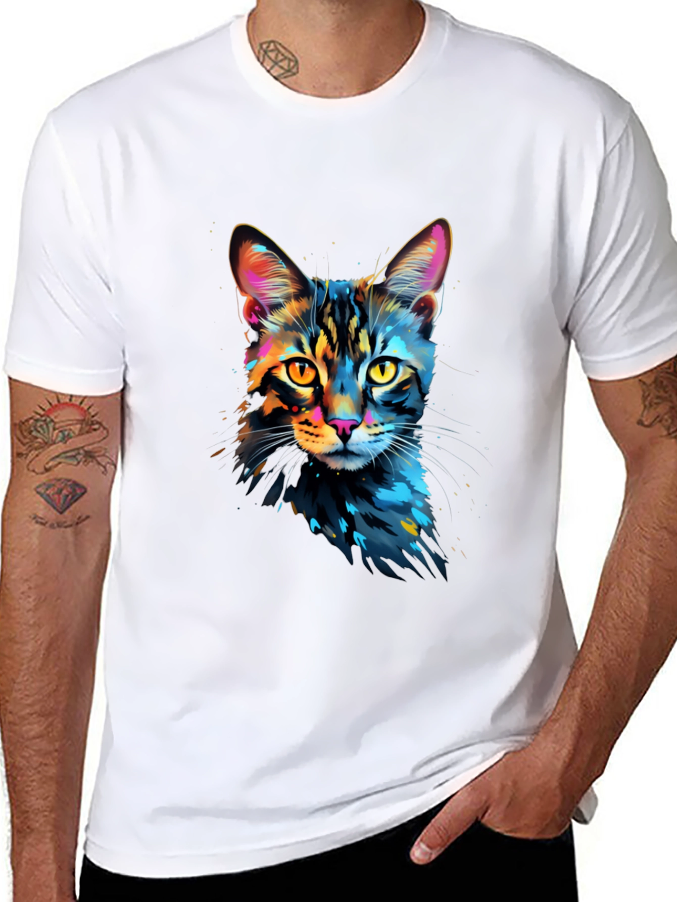 Black Colorful Cat Graphic Black T-Shirt view 8