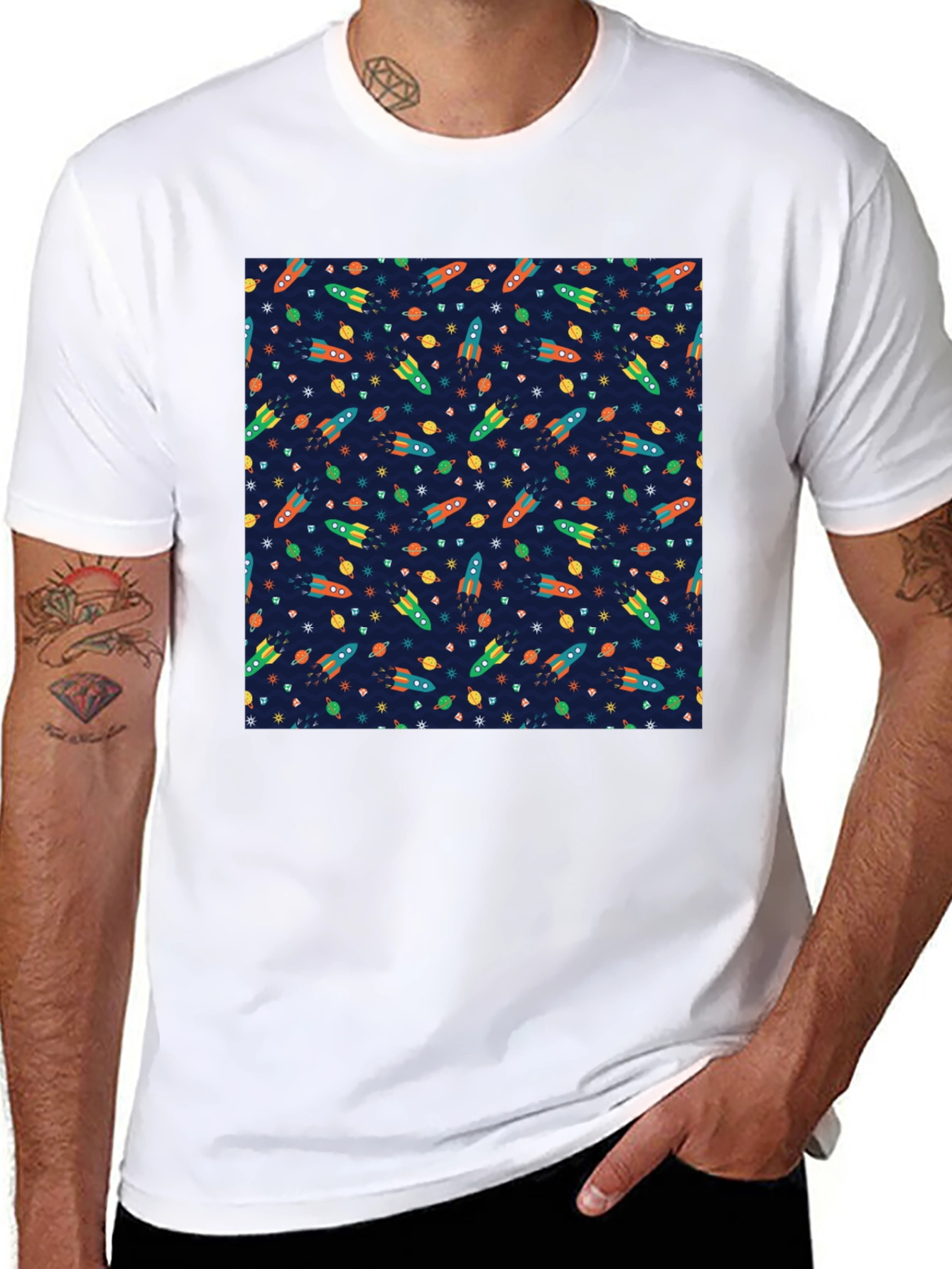 Black Space Rocket Pattern T-Shirt view 8