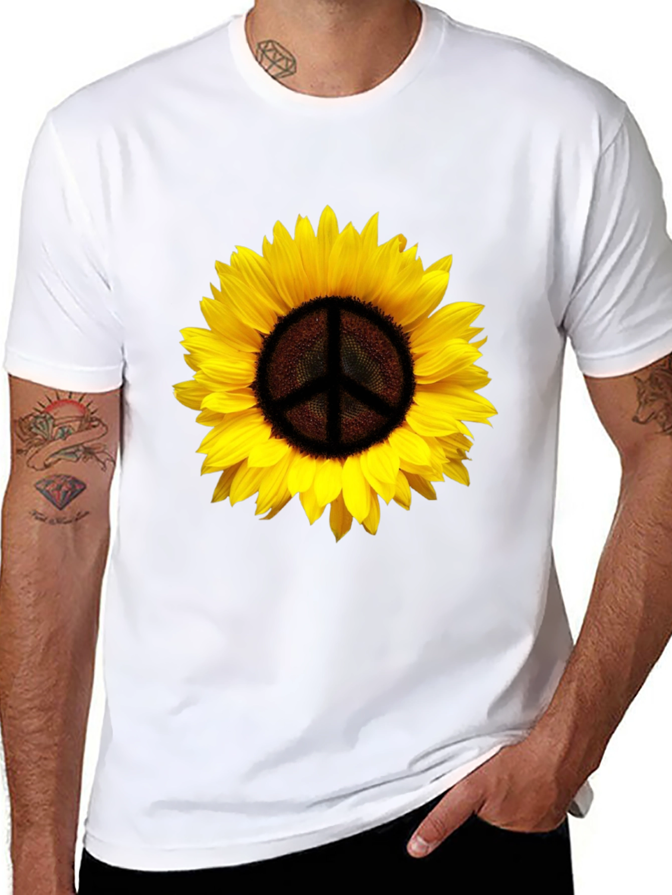 Black Sunflower Peace Sign Graphic T-Shirt - Black view 8