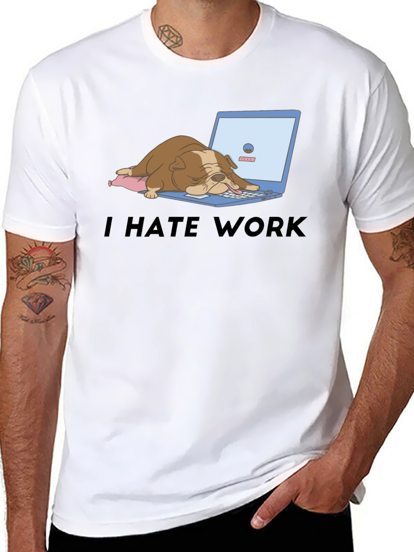 Black I Hate Work T-Shirt - Bulldog Laptop Graphic Tee view 8
