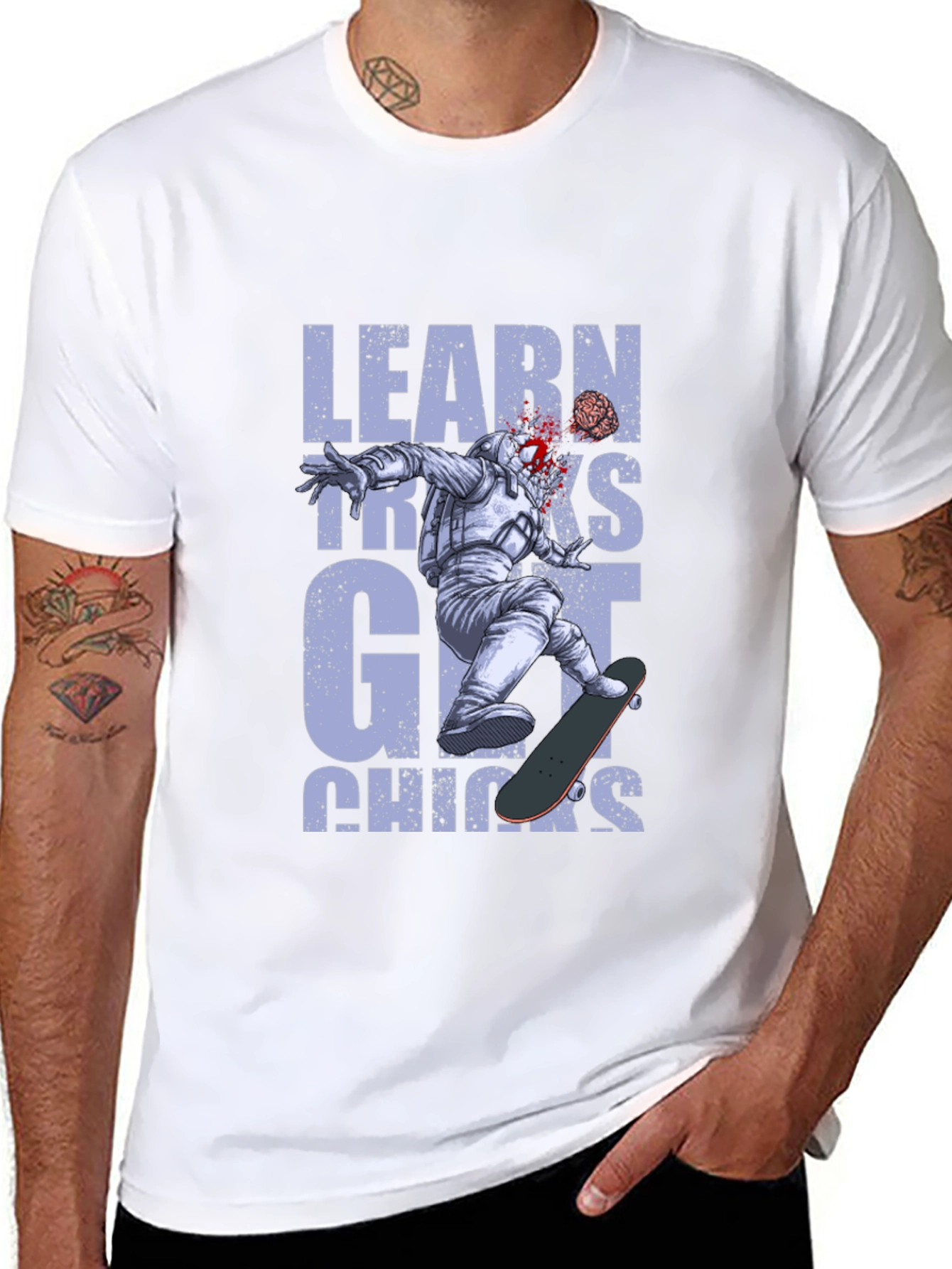 Black Learn Tricks Get Chicks Graphic Tee - Astronaut Skateboard view 8