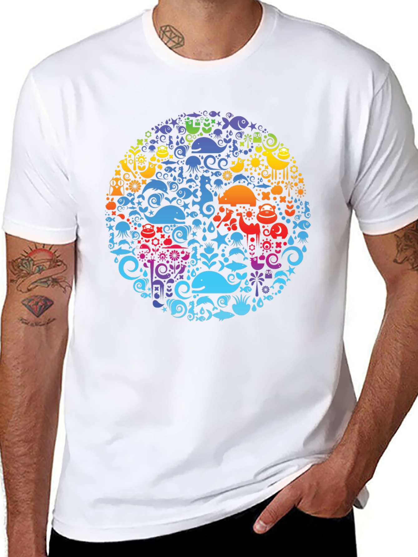 Black Tee with Colorful Aquatic Circle Design - 8